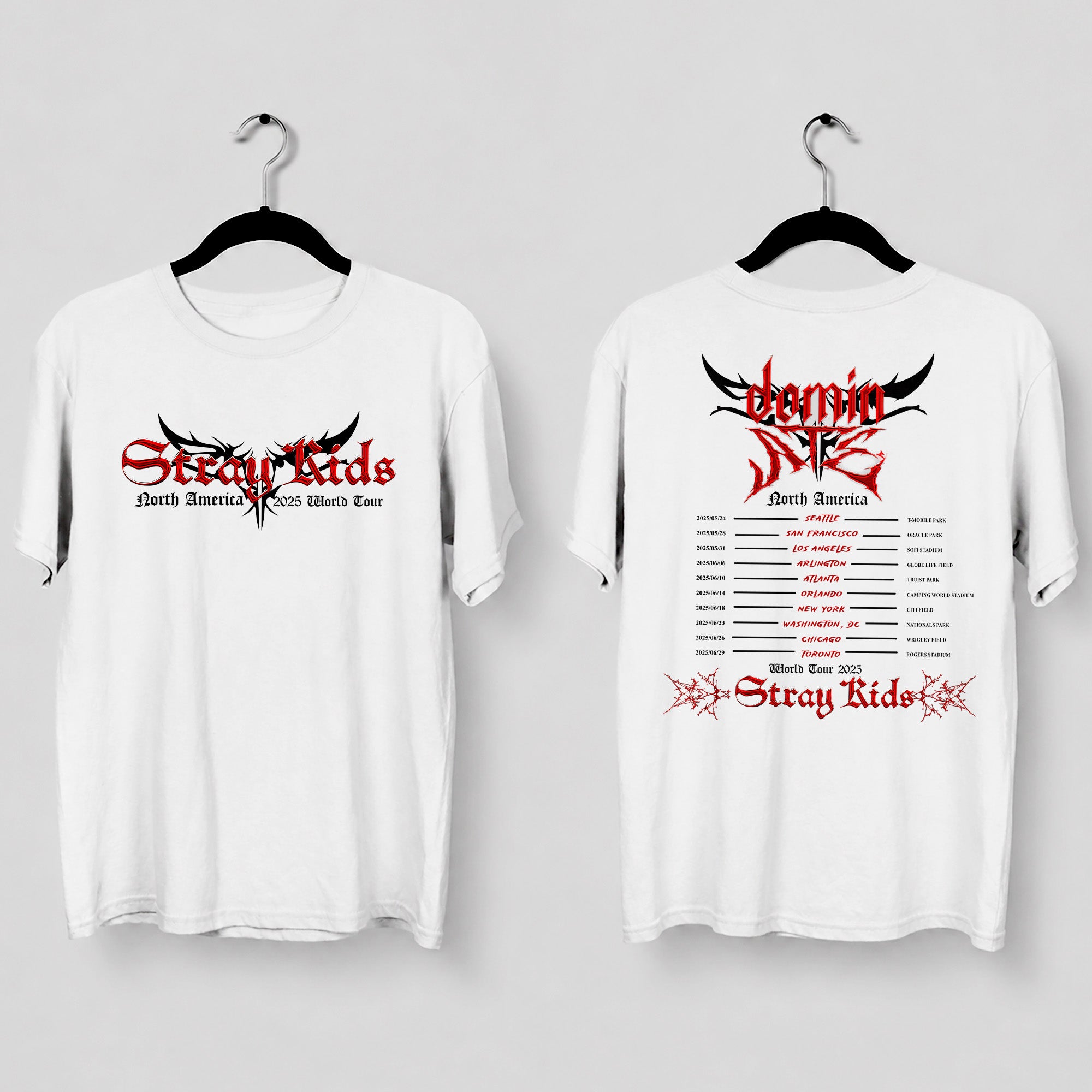 Stray Kids World Tour DominATE In US 2025 T-Shirt - Main view, Y2K kpop concert tee