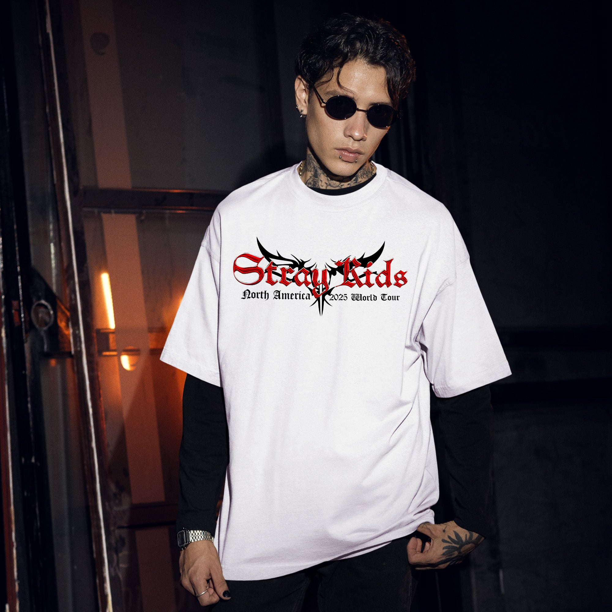 Stray Kids World Tour DominATE In US 2025 T-Shirt - Men Front view, Y2K kpop concert tee
