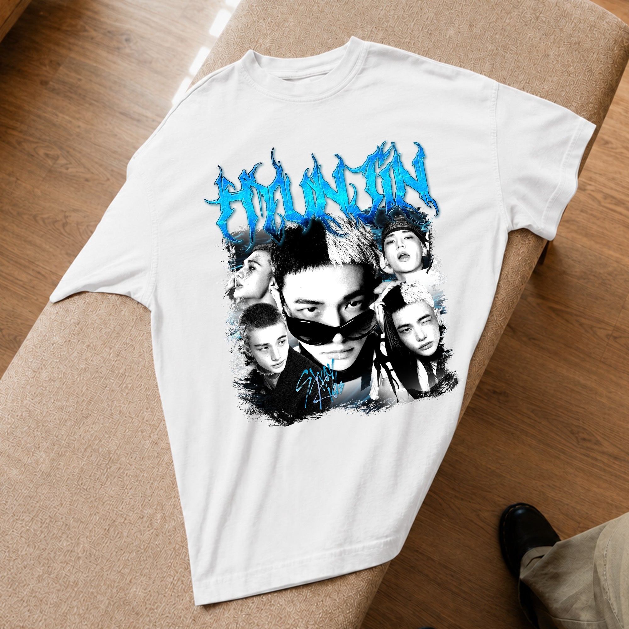 Stray Kids Graphic Hyunjin Retro T-Shirt - Spread view, Y2K kpop concert tee