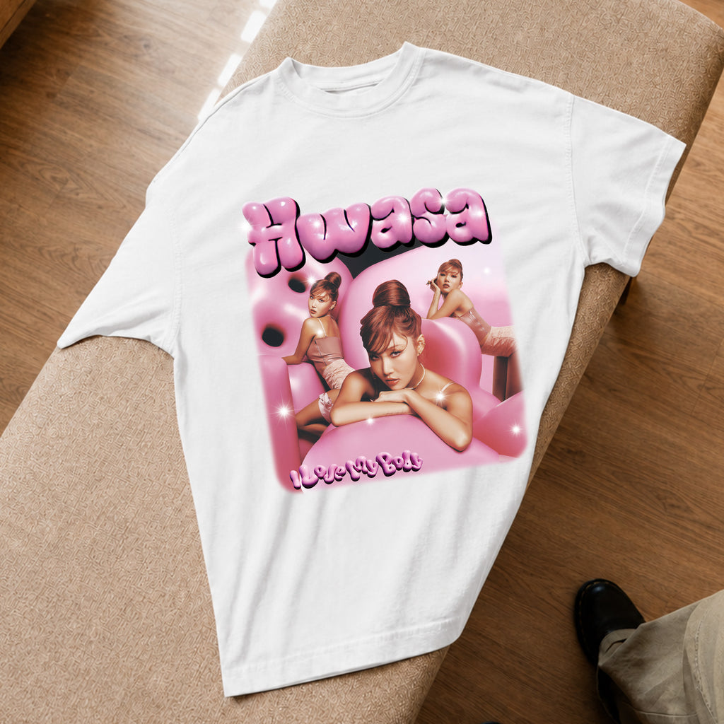 Hwasa I Love My Body T-Shirt - Spread view, Y2K kpop concert tee