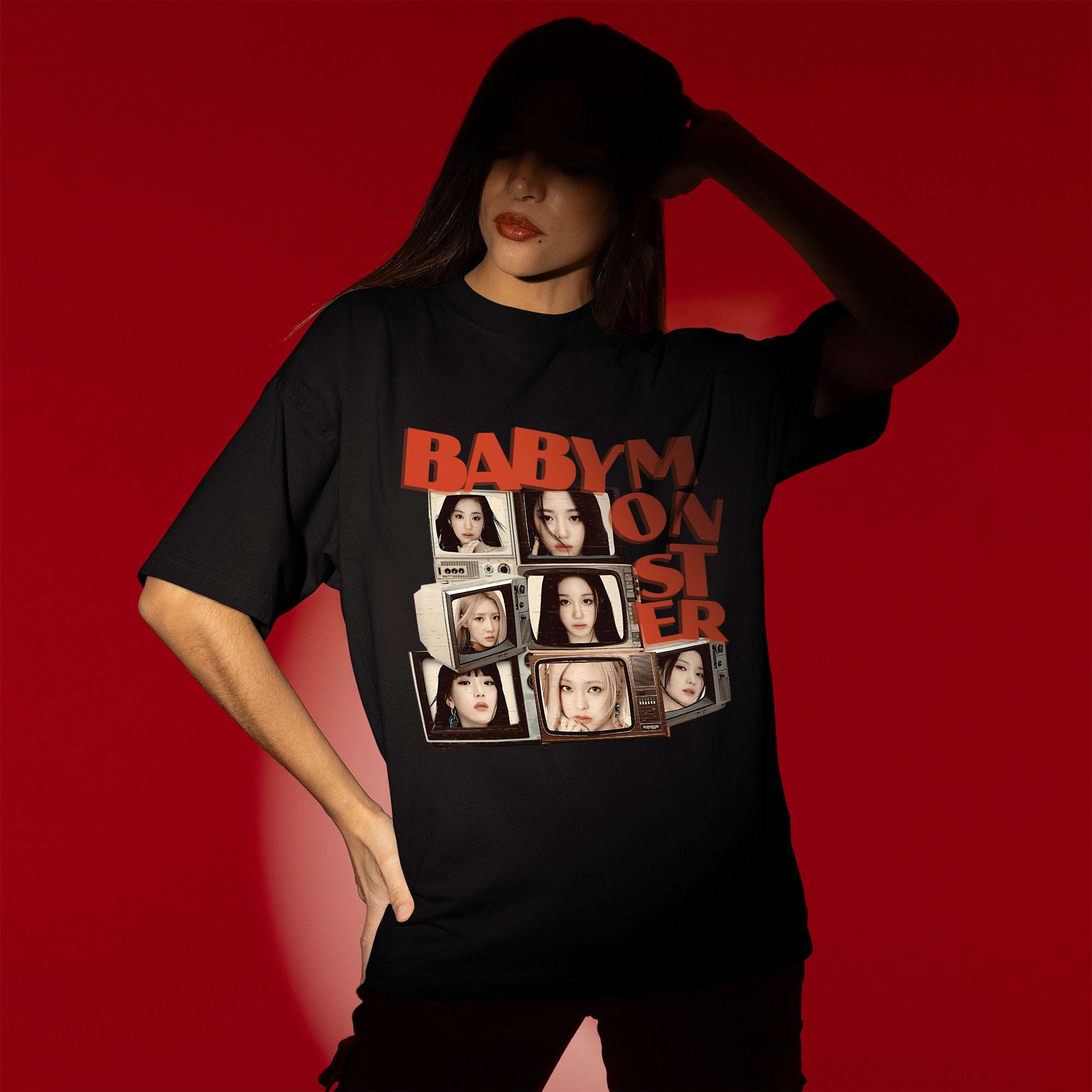 BABYMONSTER Retro Television T-Shirt - Women view, Y2K kpop concert tee