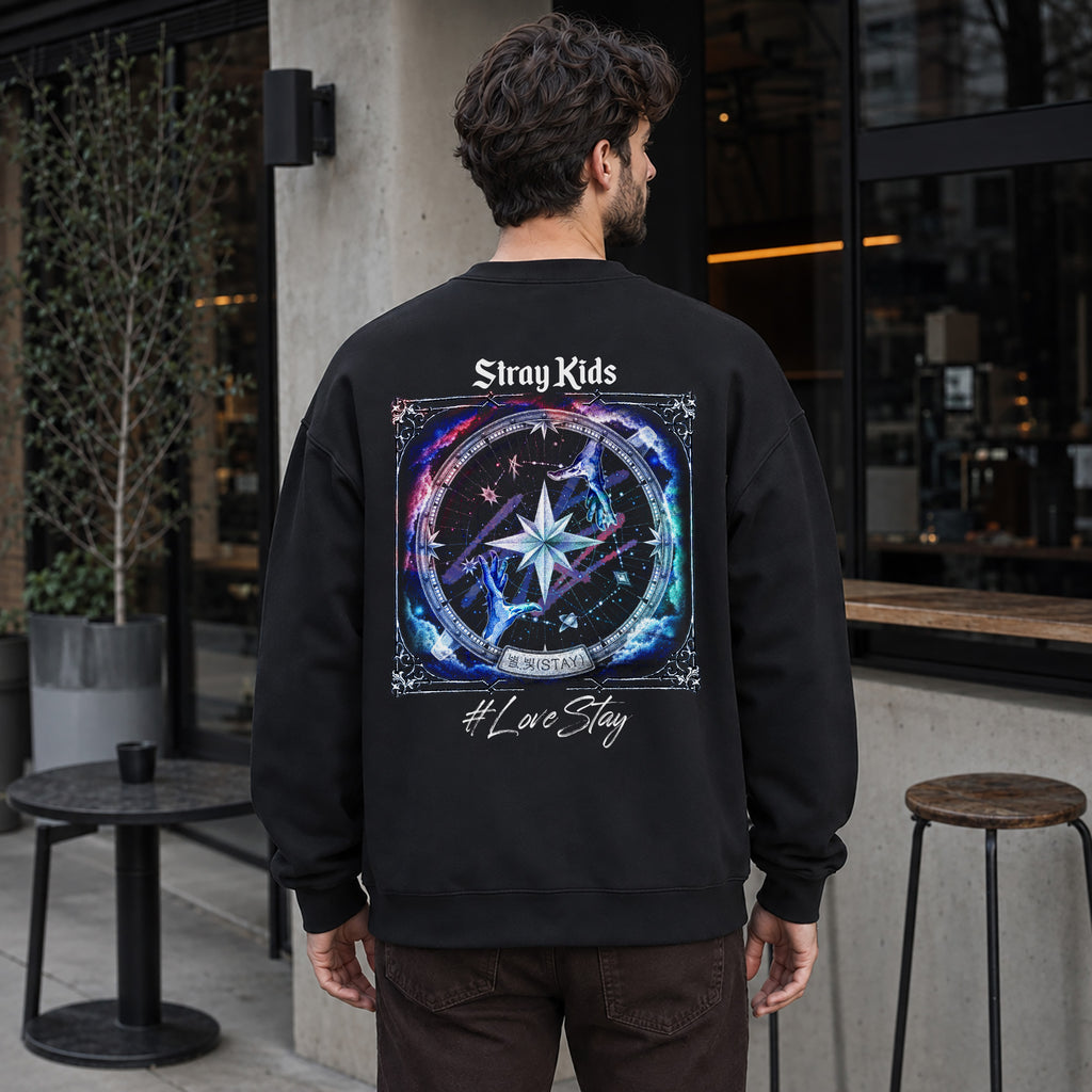 Stray Kids Love Stay Star Represent Sweatshirt - Men Back view, Y2K kpop concert sweatshirt