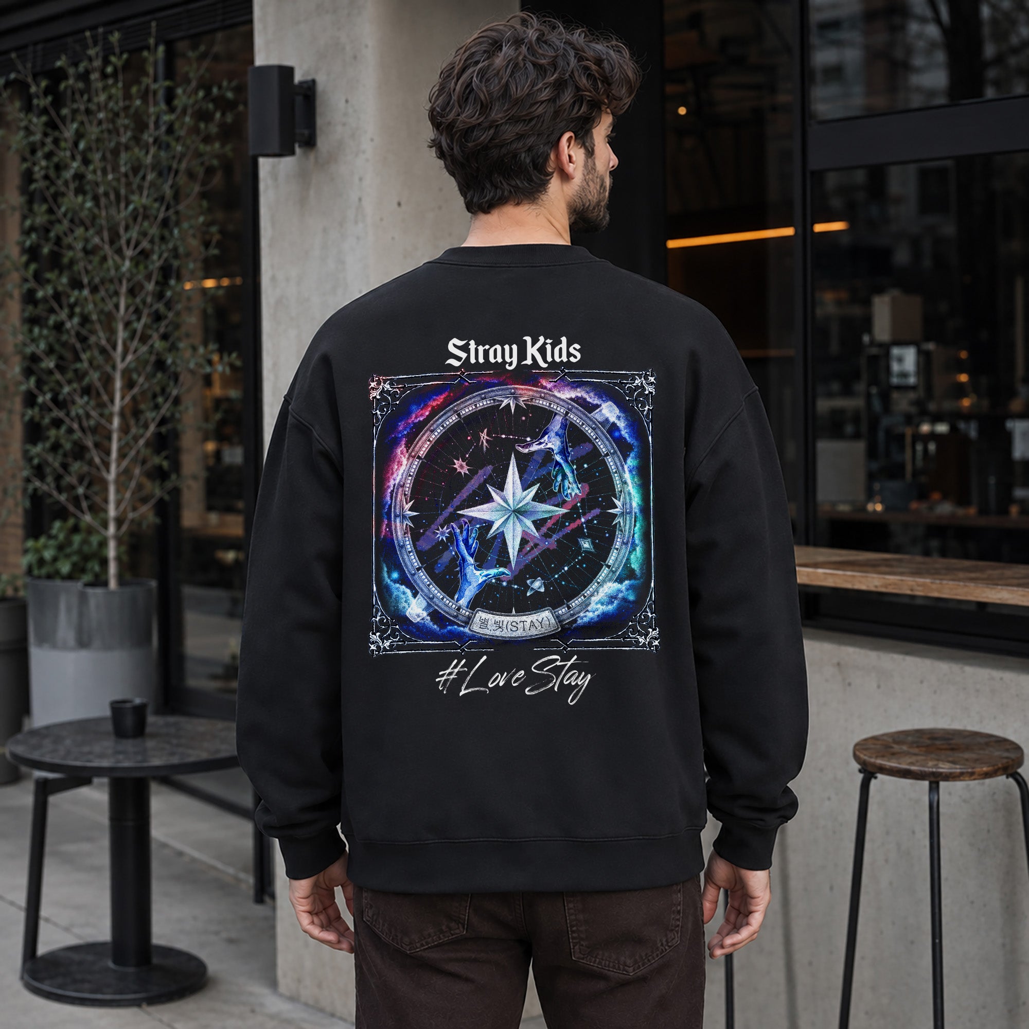 Stray Kids Love Stay Star Represent Sweatshirt - Men Back view, Y2K kpop concert sweatshirt