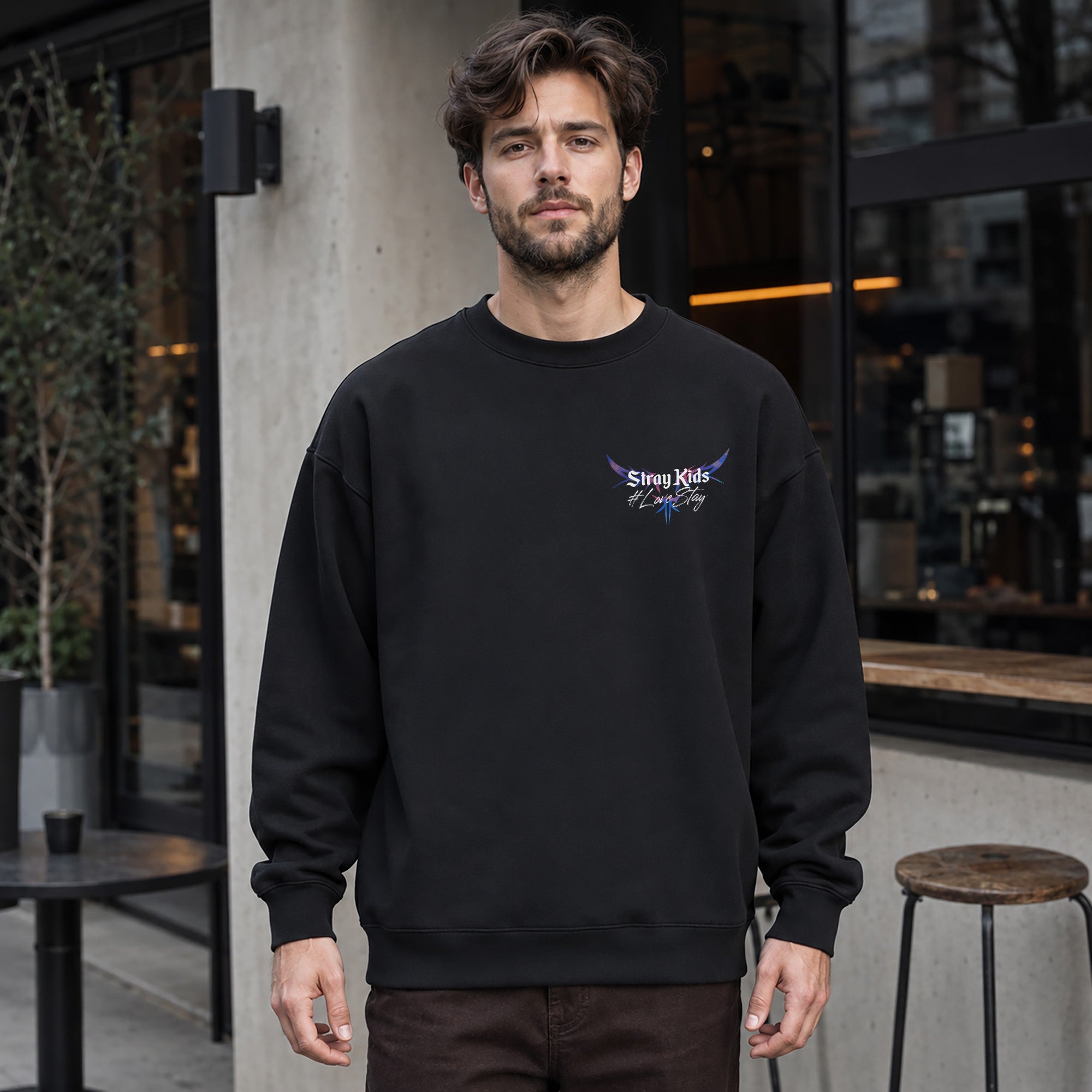 Stray Kids Love Stay Star Represent Sweatshirt - Men Front view, Y2K kpop concert sweatshirt