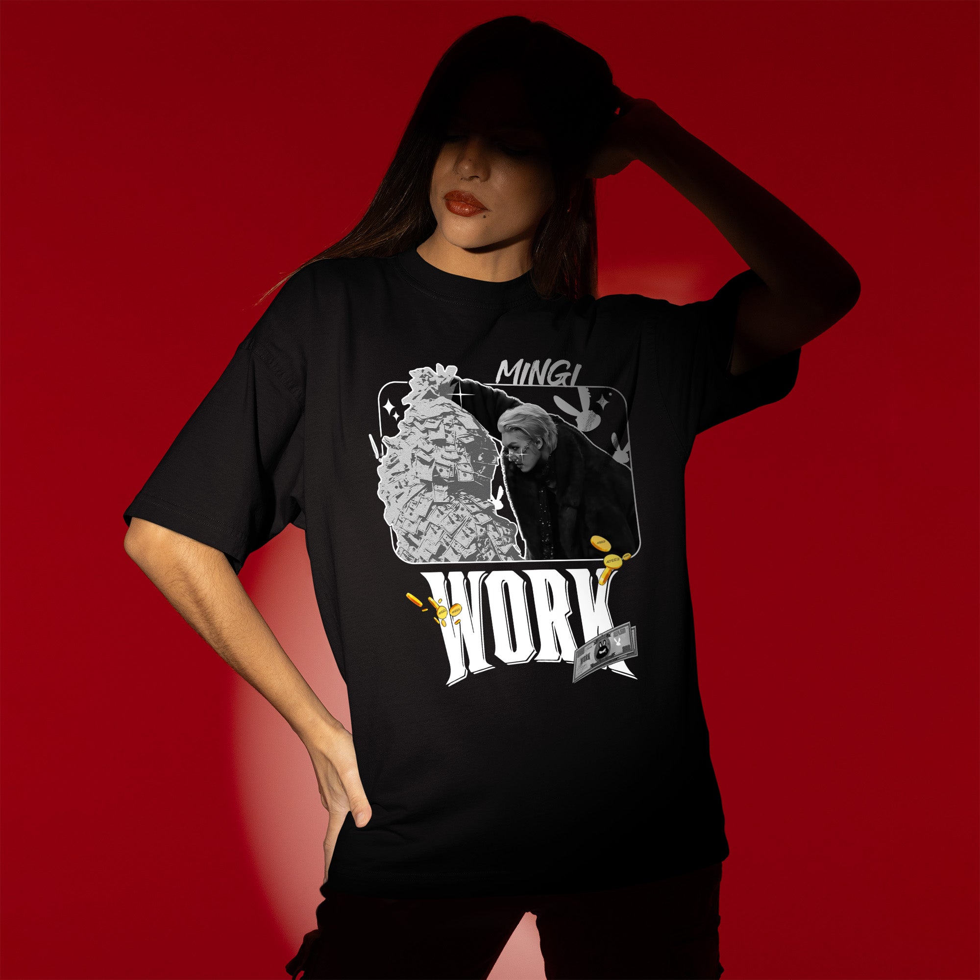 ATEEZ Mingi Work T-Shirt - Women view, Y2K kpop concert tee