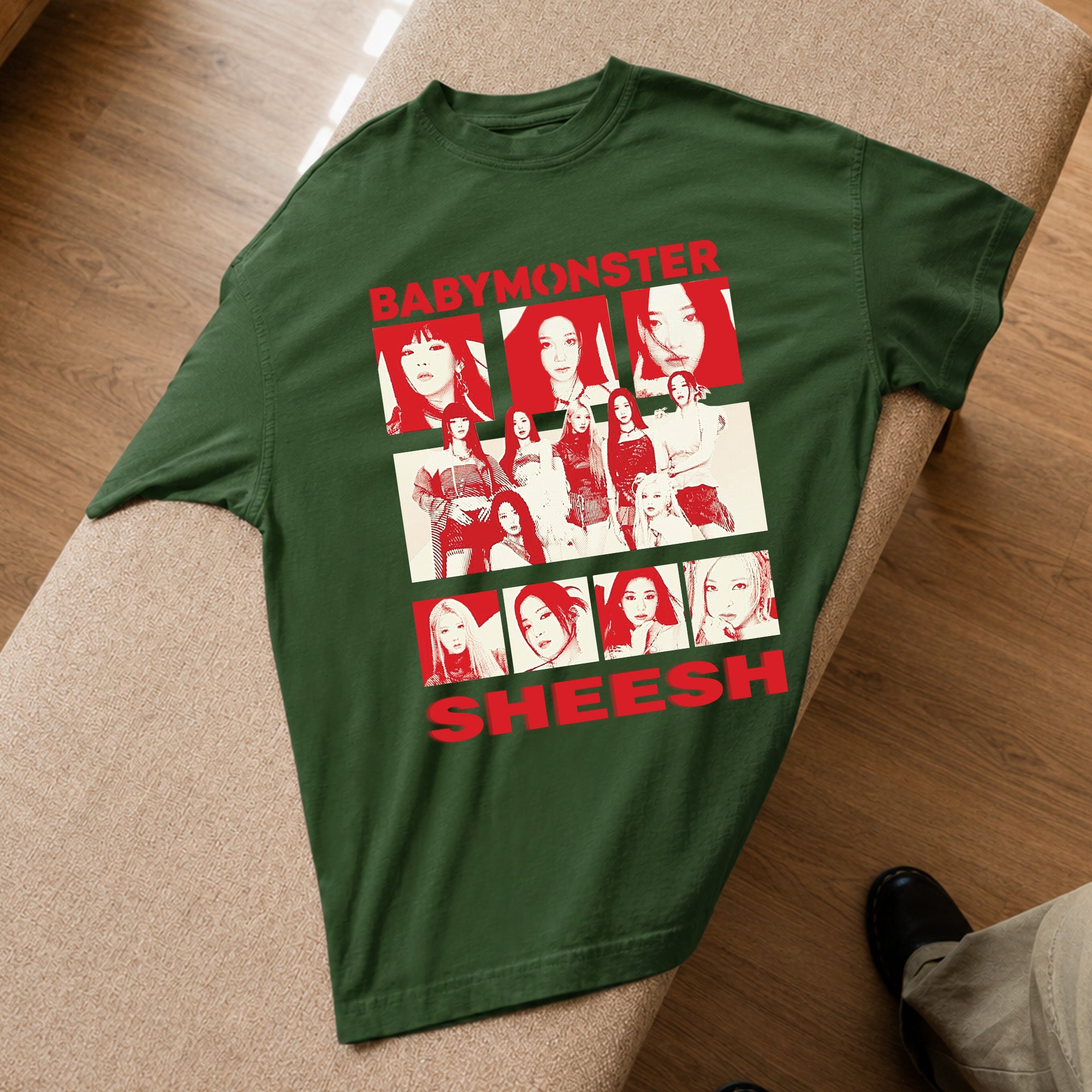 BABYMONSTER Sheesh Graphic T-Shirt - Spread view, Y2K kpop concert tee