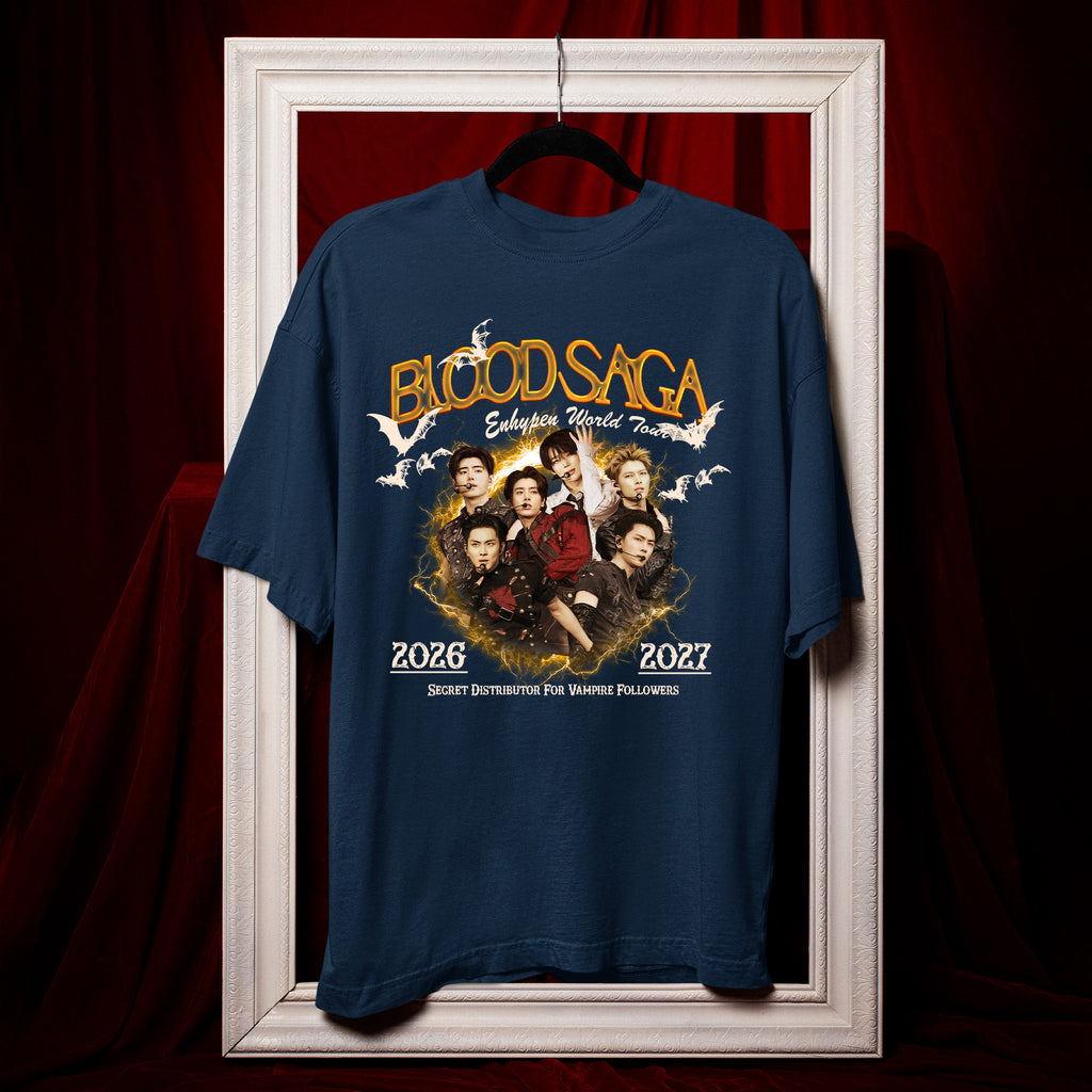 ENHYPEN Blood Saga Gold Poster Tour T-Shirt - Hang view, Y2K kpop concert tee