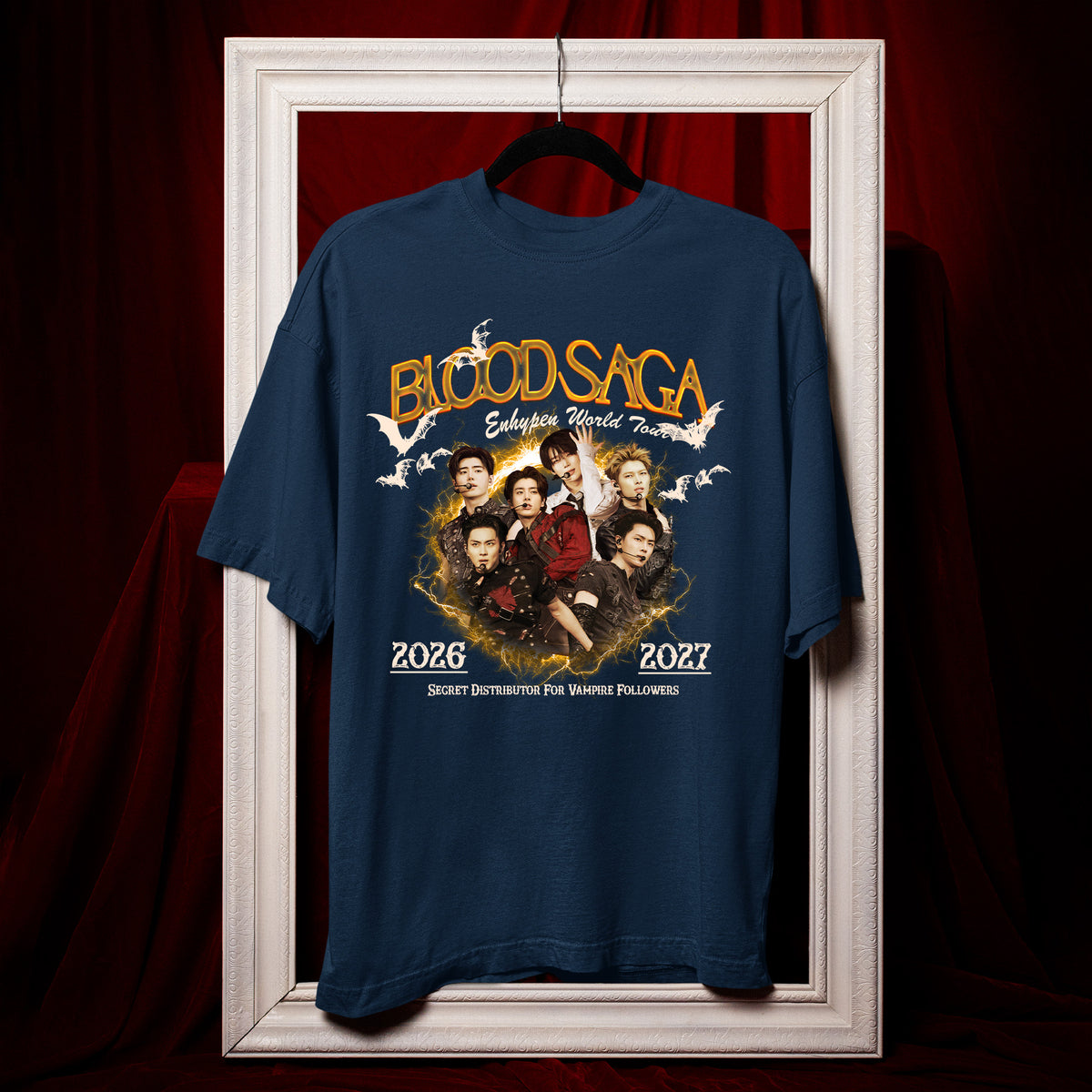 ENHYPEN Blood Saga Gold Poster Tour T-Shirt - Hang view, Y2K kpop concert tee