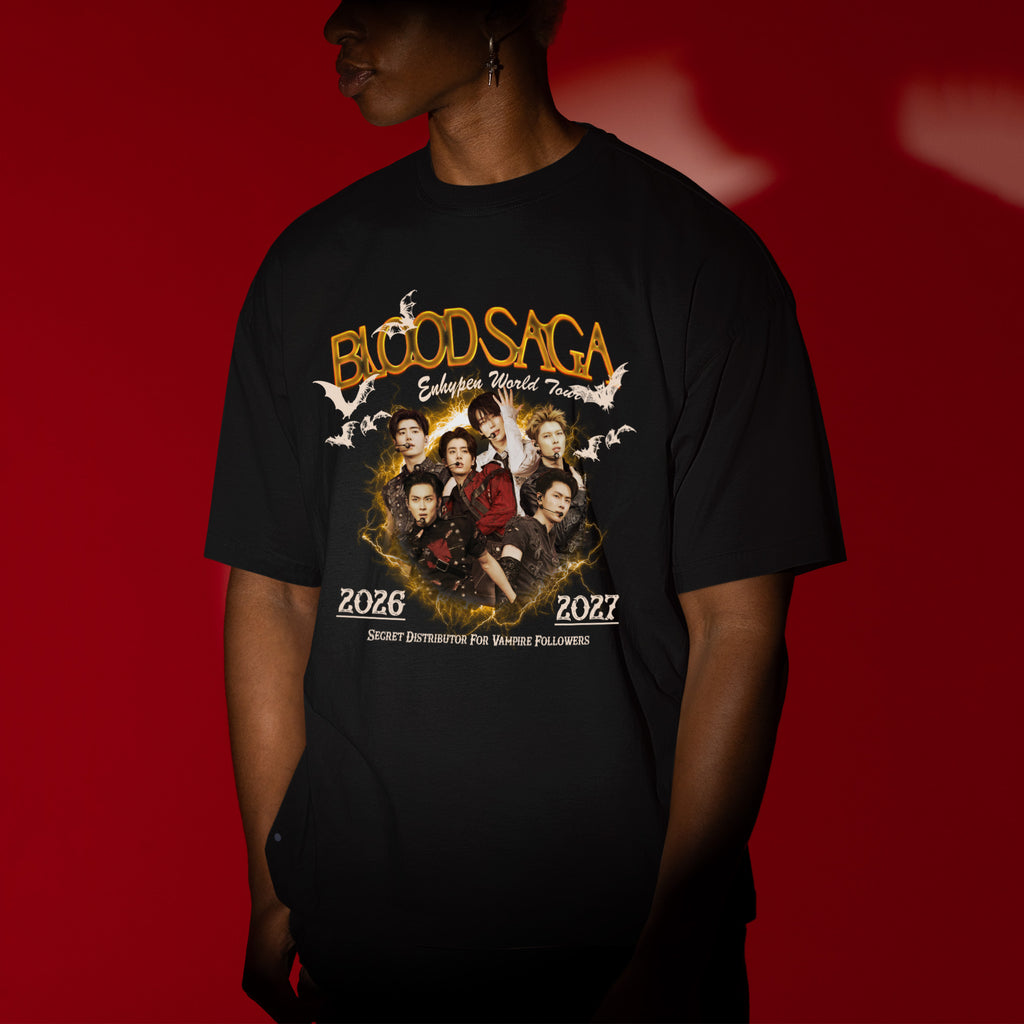 ENHYPEN Blood Saga Gold Poster Tour T-Shirt - Men view, Y2K kpop concert tee