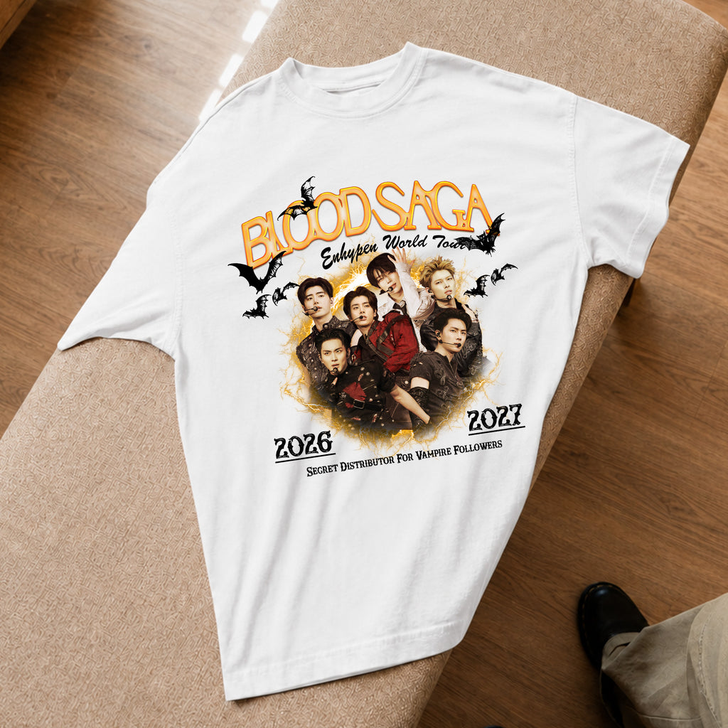 ENHYPEN Blood Saga Gold Poster Tour T-Shirt - Spread view, Y2K kpop concert tee