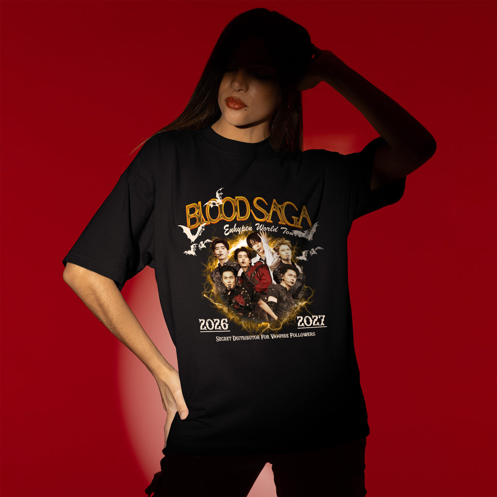 ENHYPEN Blood Saga Gold Poster Tour T-Shirt - Women view, Y2K kpop concert tee