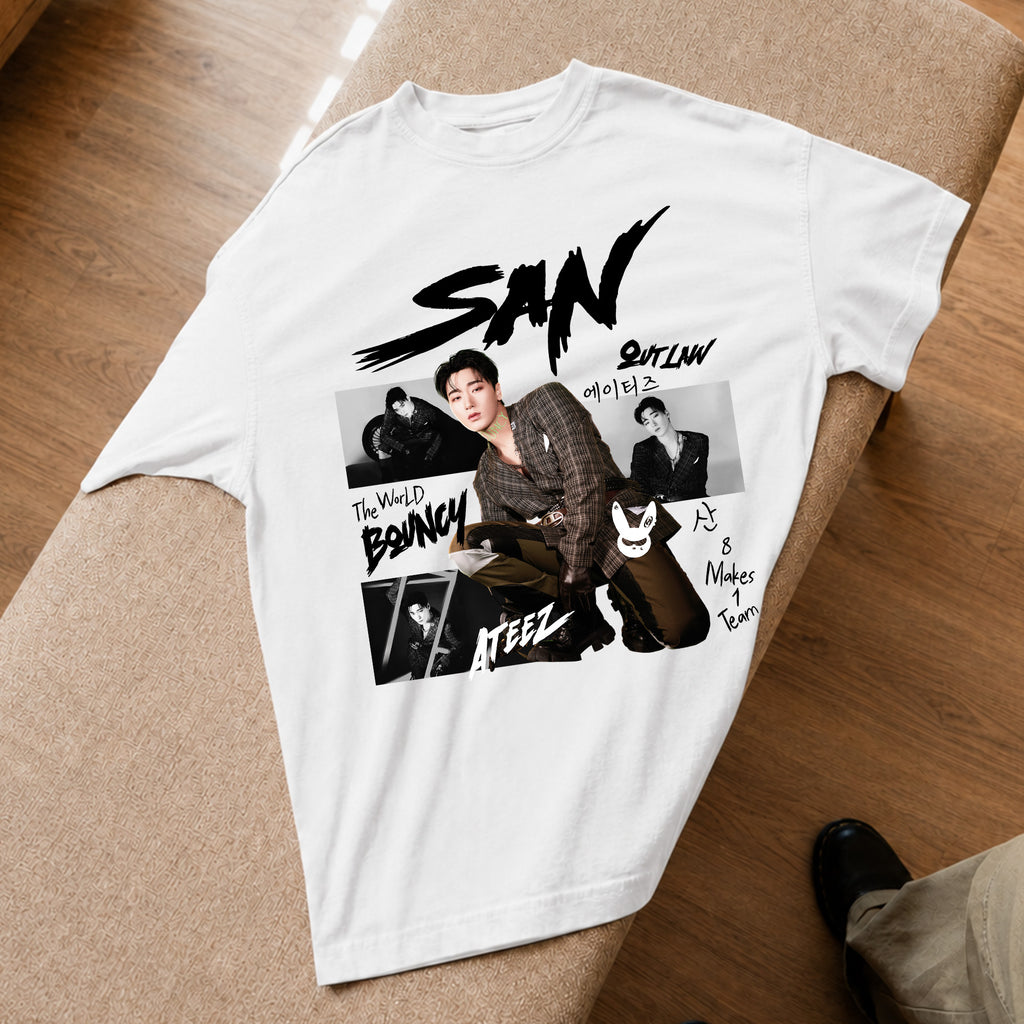 ATEEZ Graphic San Member T-Shirt - Spread view, Y2K kpop concert tee