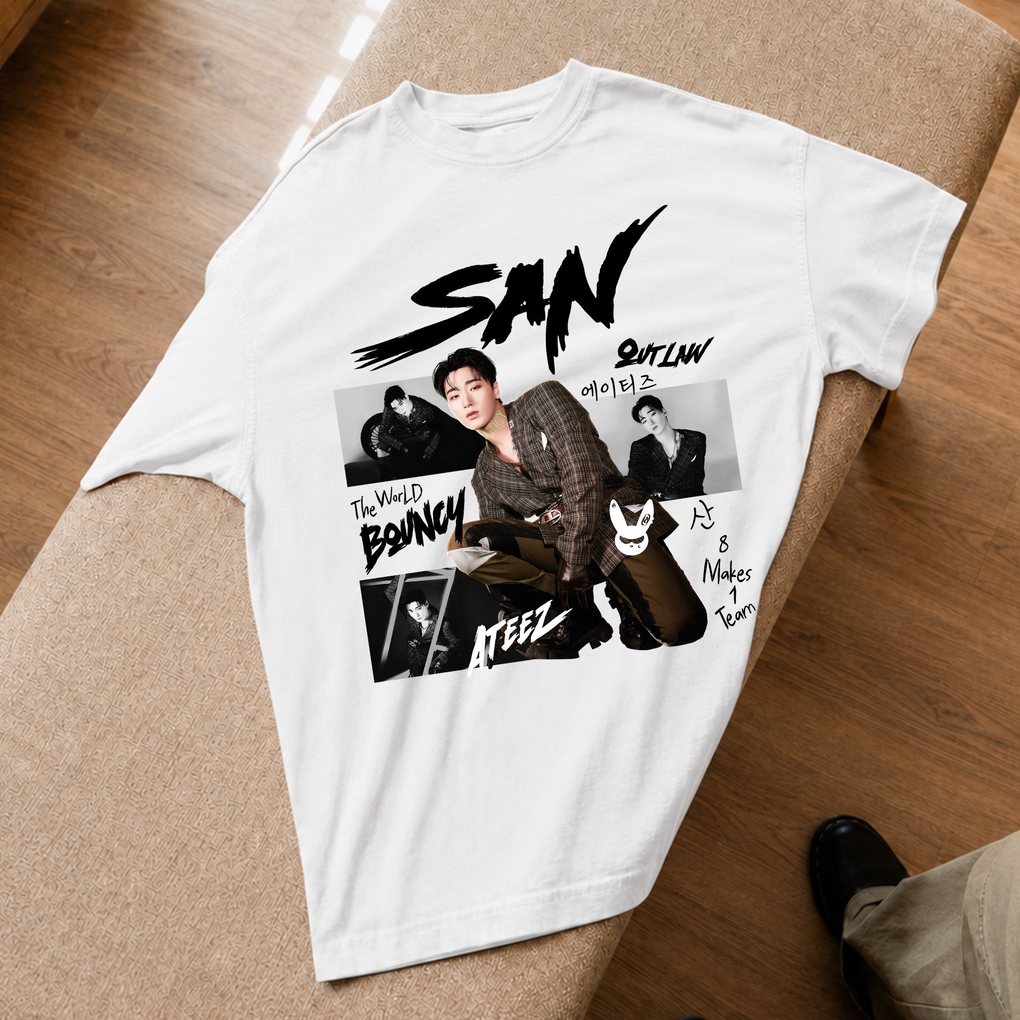 ATEEZ Graphic San Member T-Shirt - Spread view, Y2K kpop concert tee