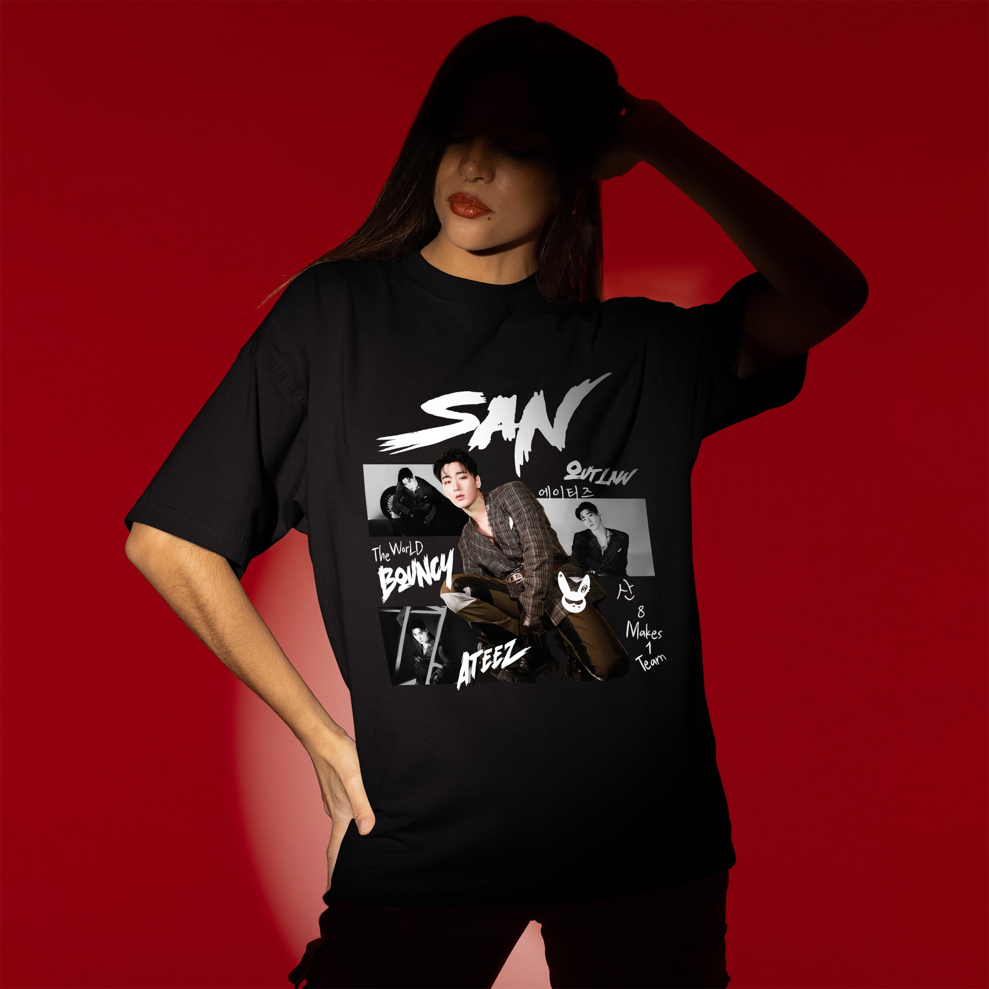 ATEEZ Graphic San Member T-Shirt - Women view, Y2K kpop concert tee