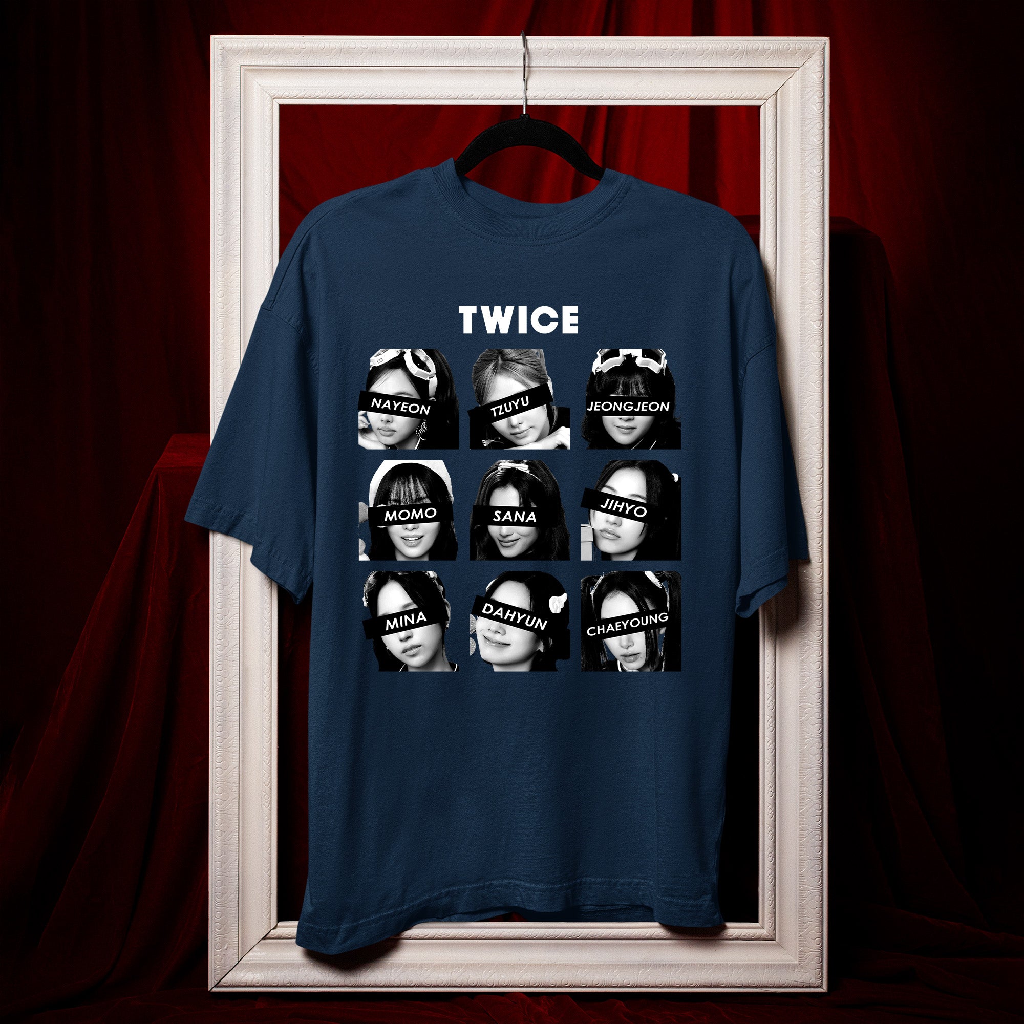 TWICE Retro Members Face T-Shirt - Hang view, Y2K kpop concert tee