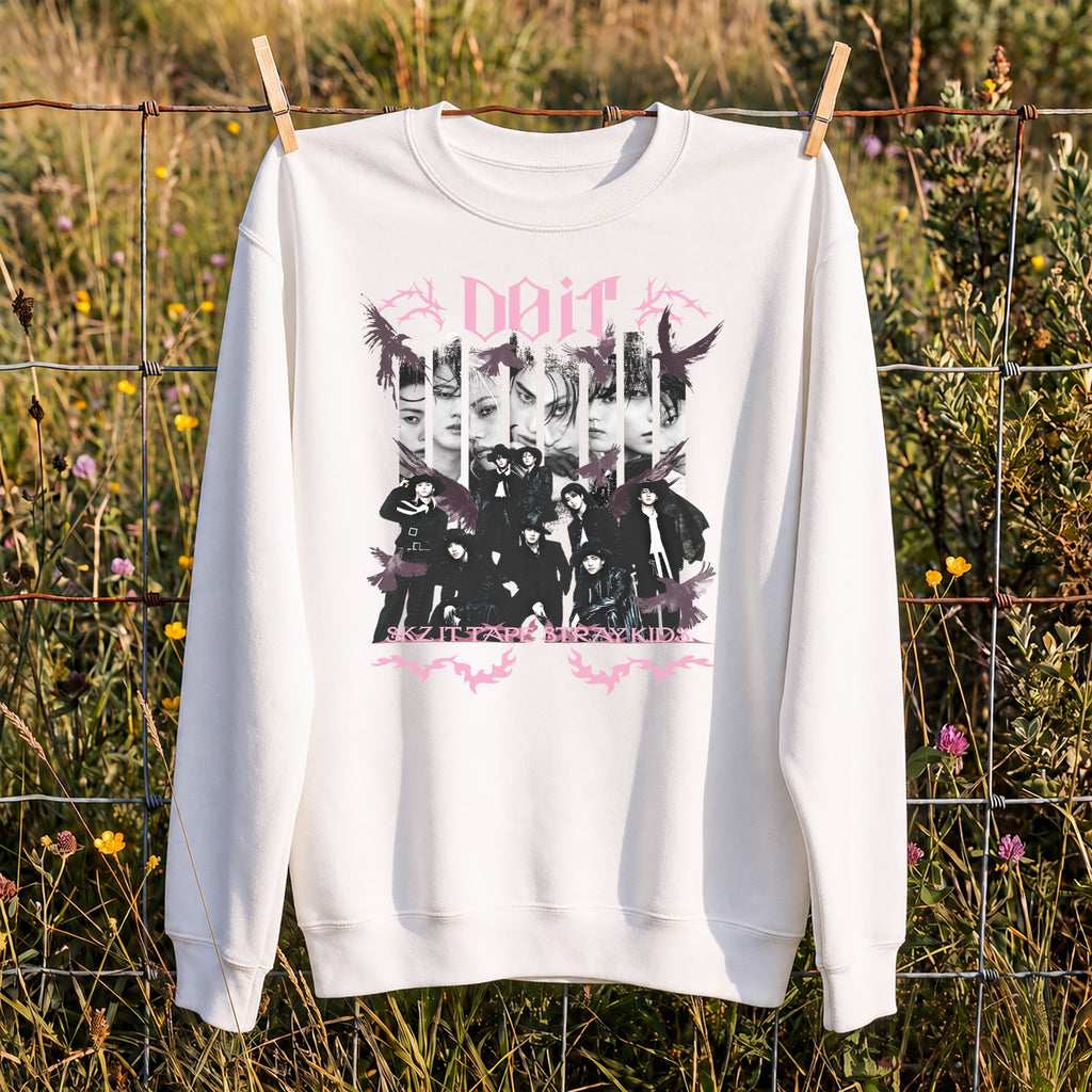 Stray Kids Do it It Tape Sweatshirt - Hang view, Y2K kpop concert sweatshirt