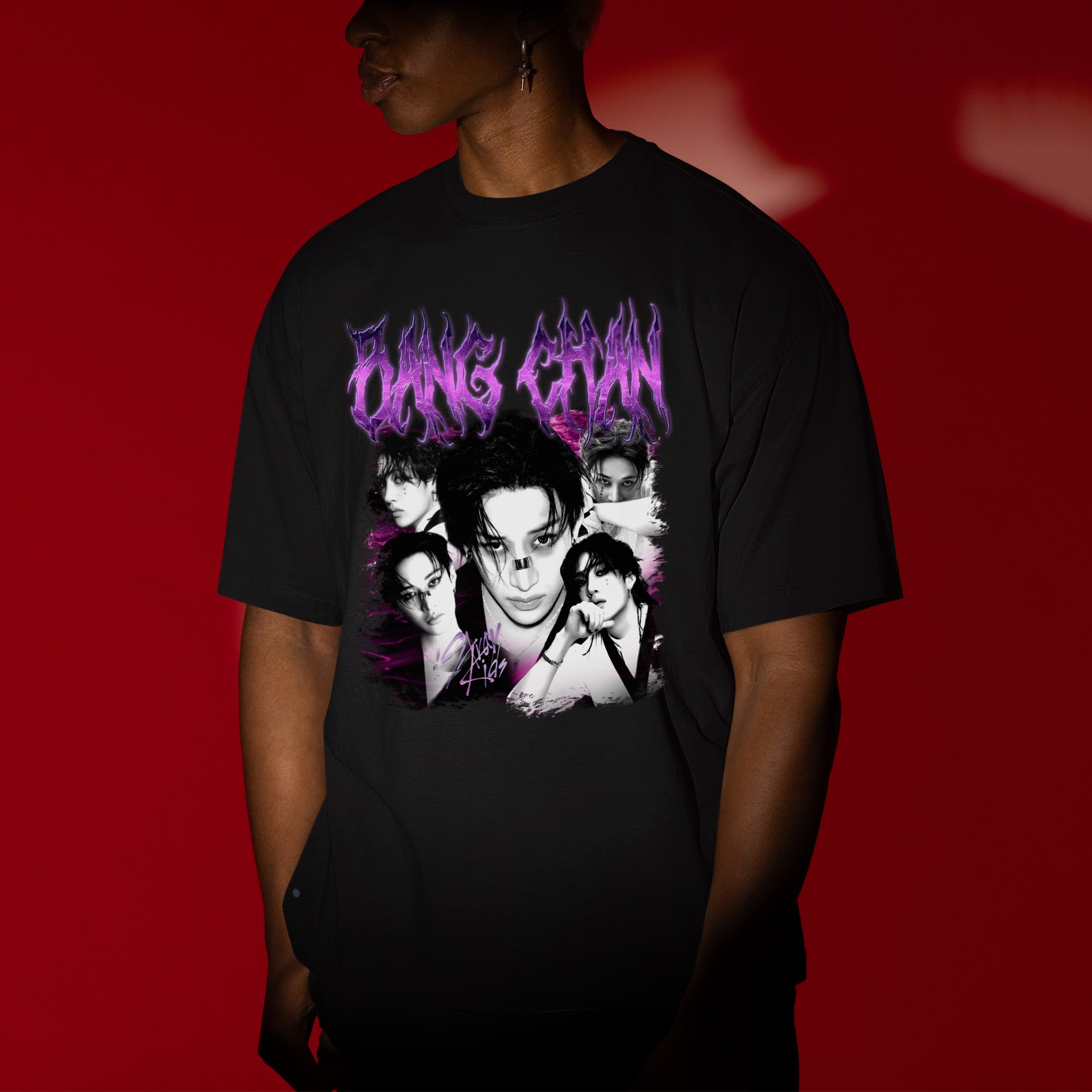 Stray Kids Graphic Bang Chan Retro T-Shirt - Men view, Y2K kpop concert tee