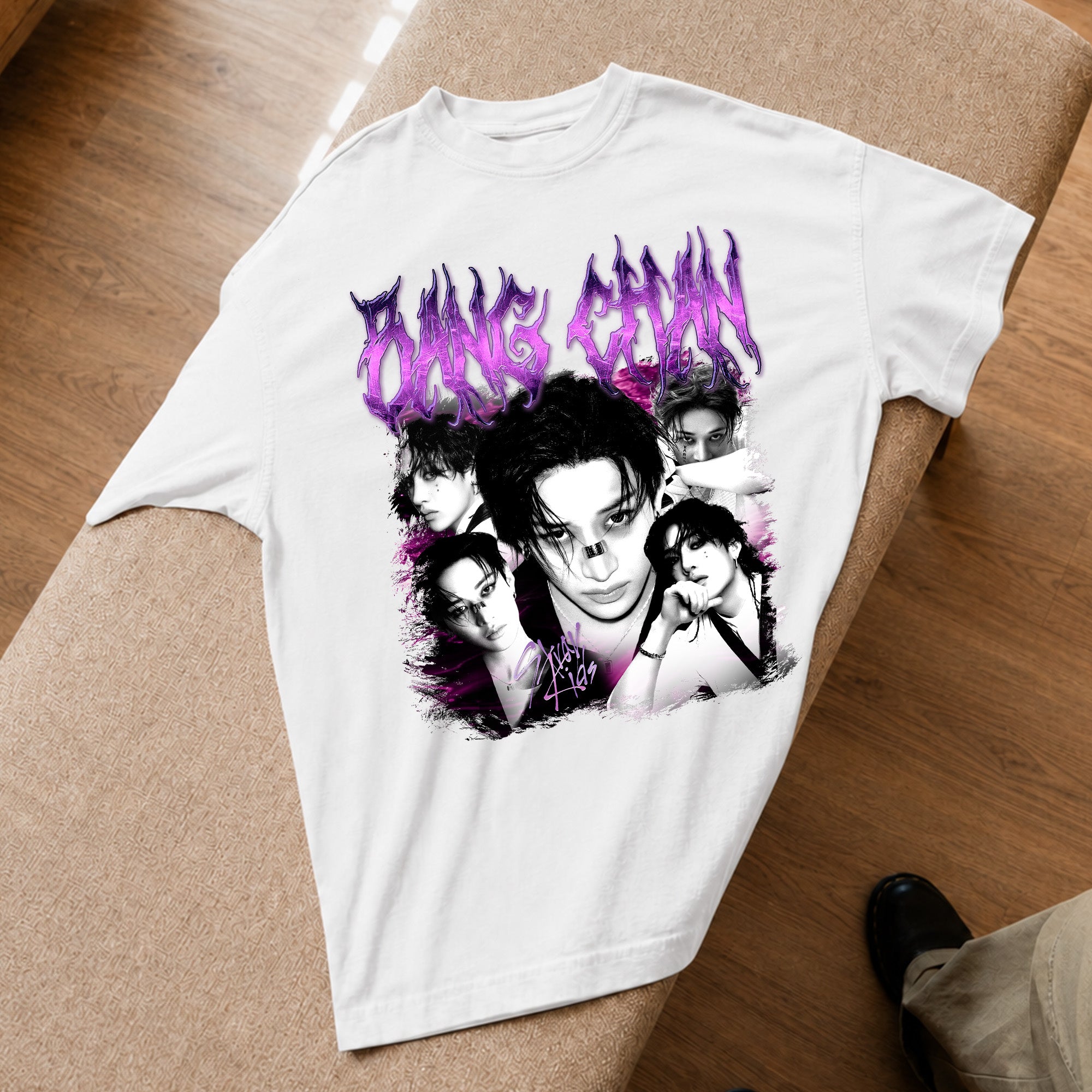 Stray Kids Graphic Bang Chan Retro T-Shirt - Spread view, Y2K kpop concert tee