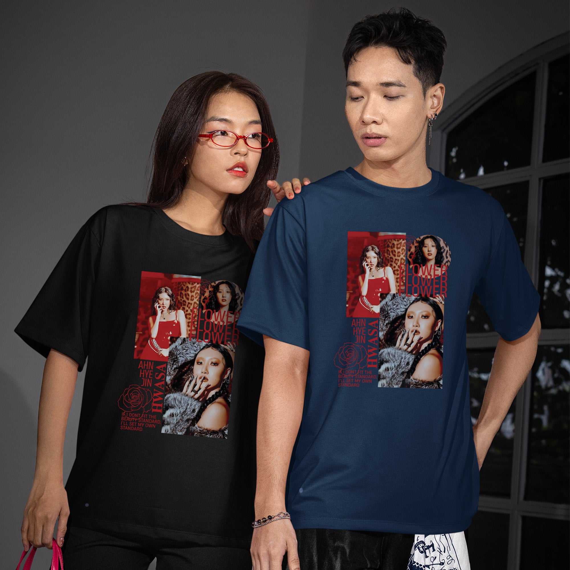 Hwasa Graphic With Red Flower T-Shirt - Couple view, Y2K kpop concert tee