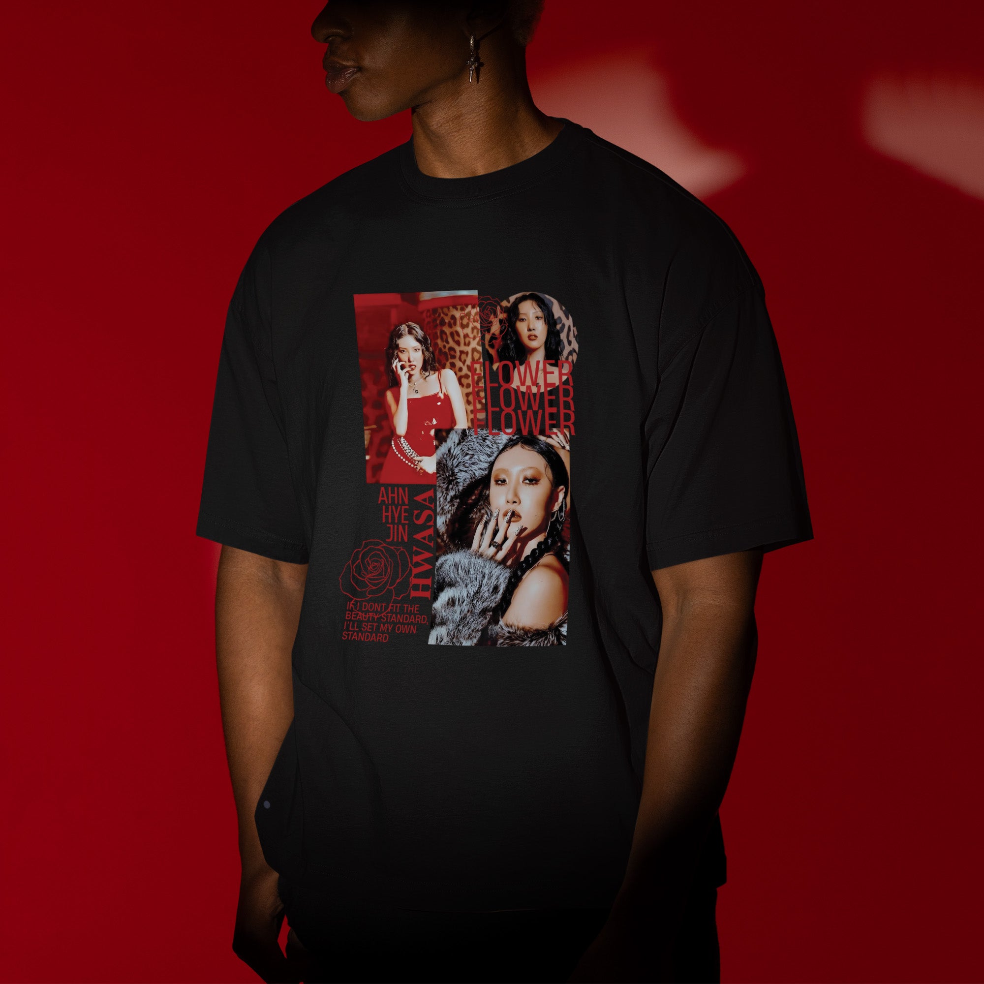 Hwasa Graphic With Red Flower T-Shirt - Men view, Y2K kpop concert tee