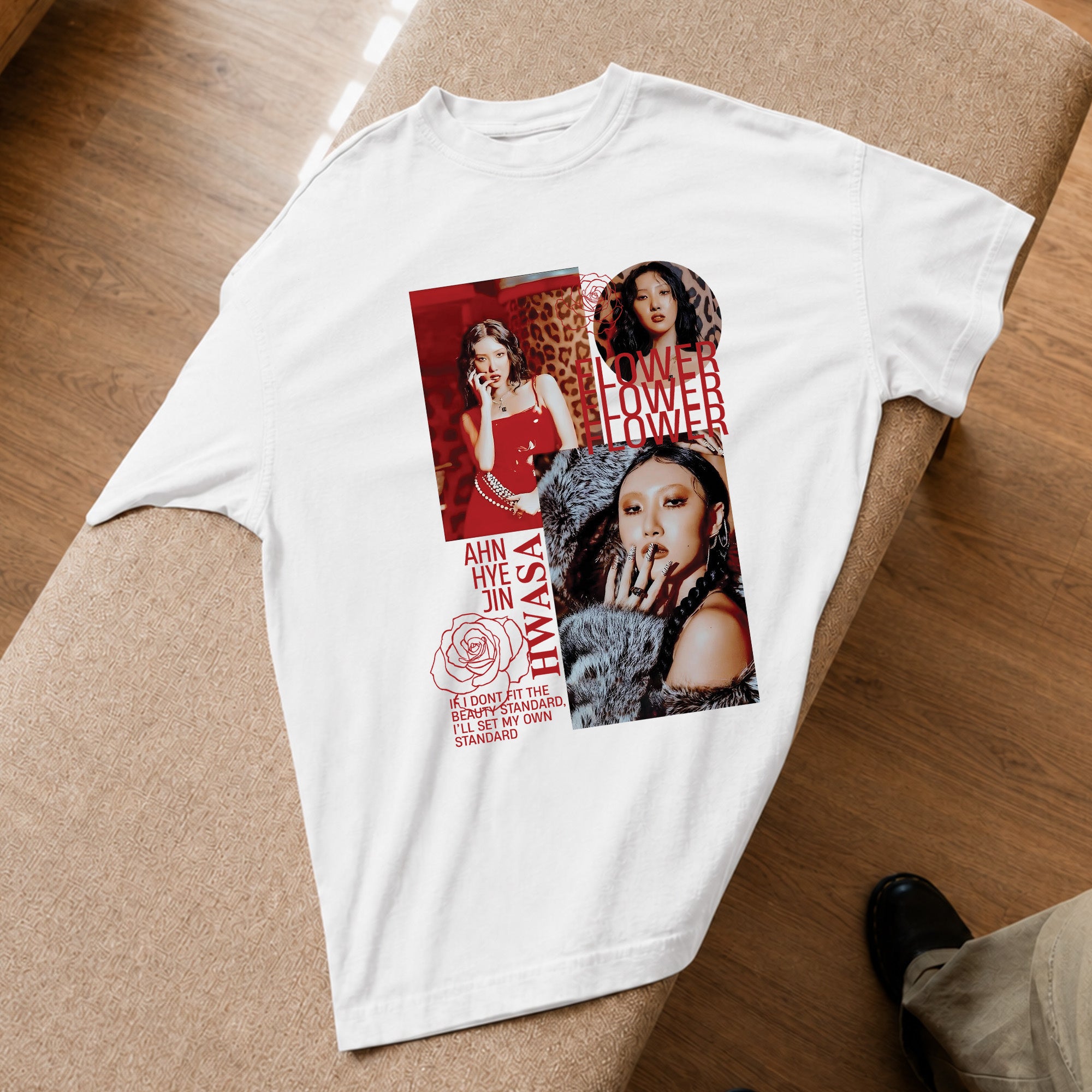 Hwasa Graphic With Red Flower T-Shirt - Spread view, Y2K kpop concert tee