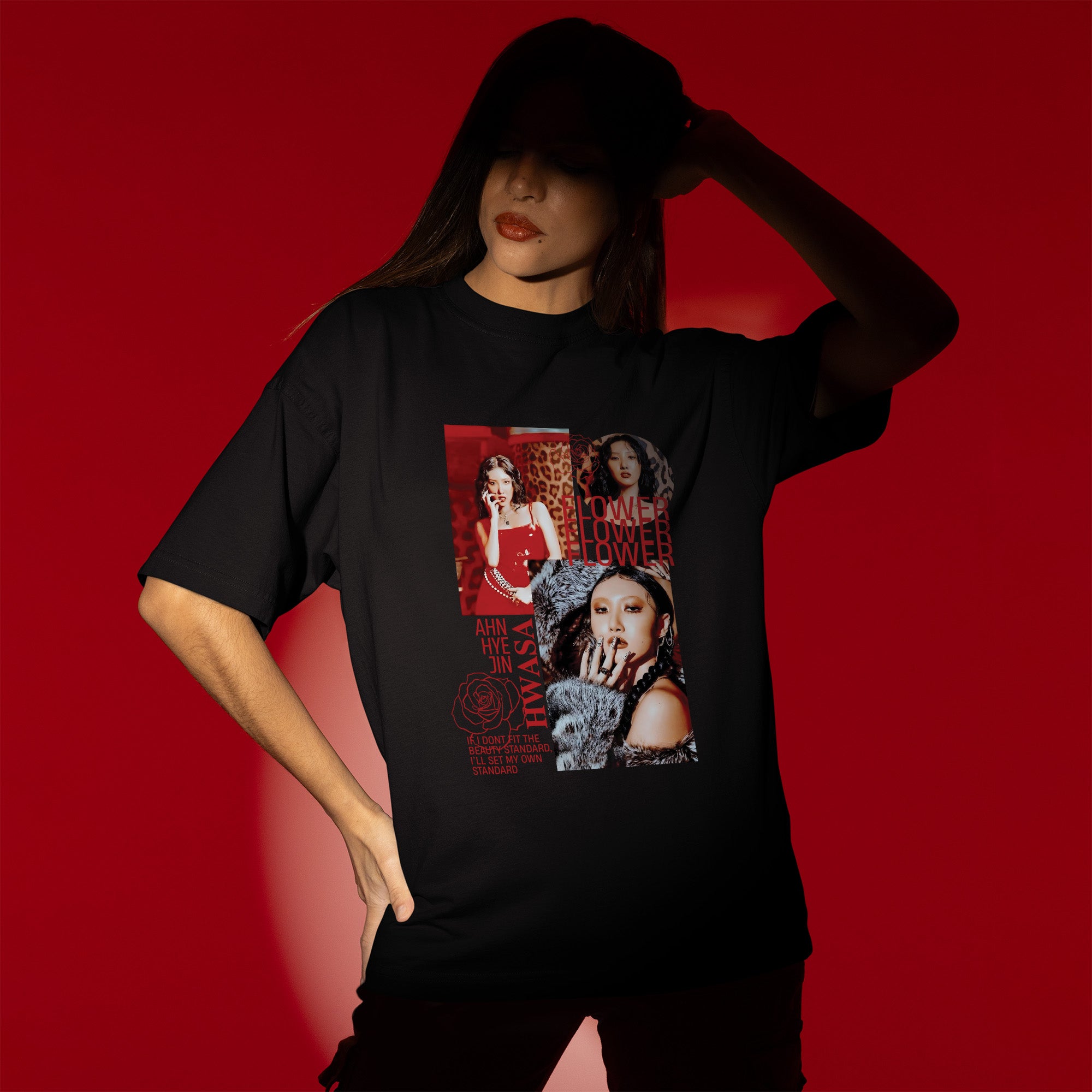 Hwasa Graphic With Red Flower T-Shirt - Women view, Y2K kpop concert tee