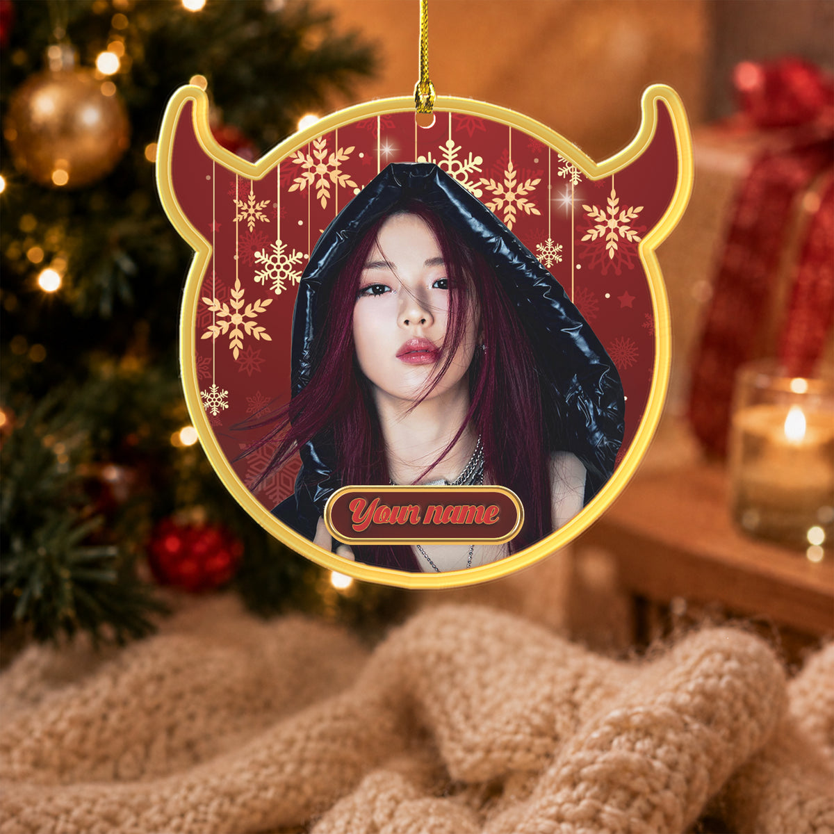 BABYMONSTER Bias Member Custom Name Acrylic Ornament - Ruka cut-to-shape acrylic ornament with monster horns, fan-made kpop personalized Christmas ornament