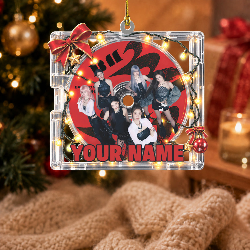 BABYMONSTER Red CD Case Custom Name Acrylic Ornament - cut-to-shape acrylic ornament on a cozy knit blanket, fan-made kpop personalized Christmas gift for MONSTIEZ
