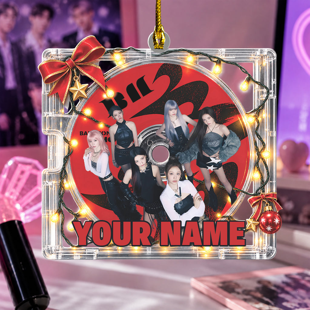 BABYMONSTER Red CD Case Custom Name Acrylic Ornament - cut-to-shape acrylic ornament on a kpop fan desk, fan-made kpop personalized Christmas gift