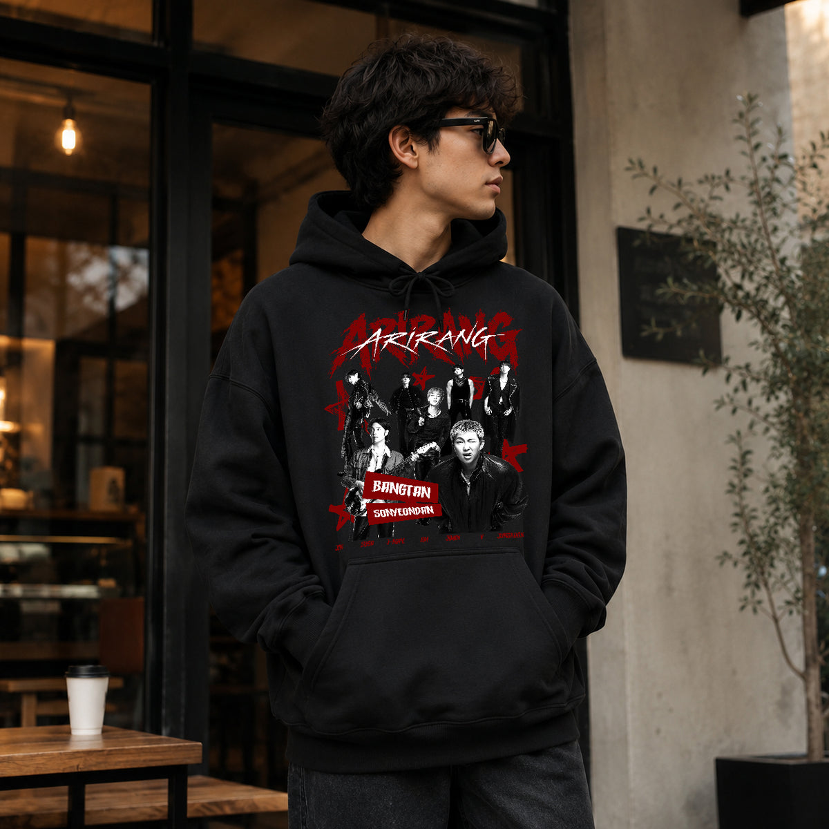 BTS Retro Arirang Bangtan Sonyeondan Hoodie - Men view, Y2K kpop concert pullover