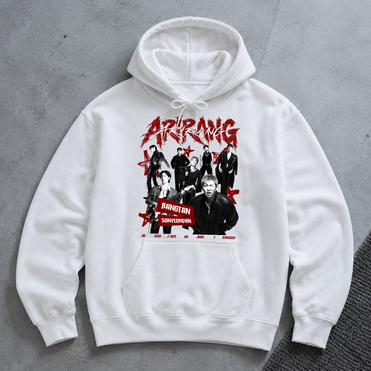 BTS Retro Arirang Bangtan Sonyeondan Hoodie - Spread view, Y2K kpop concert pullover