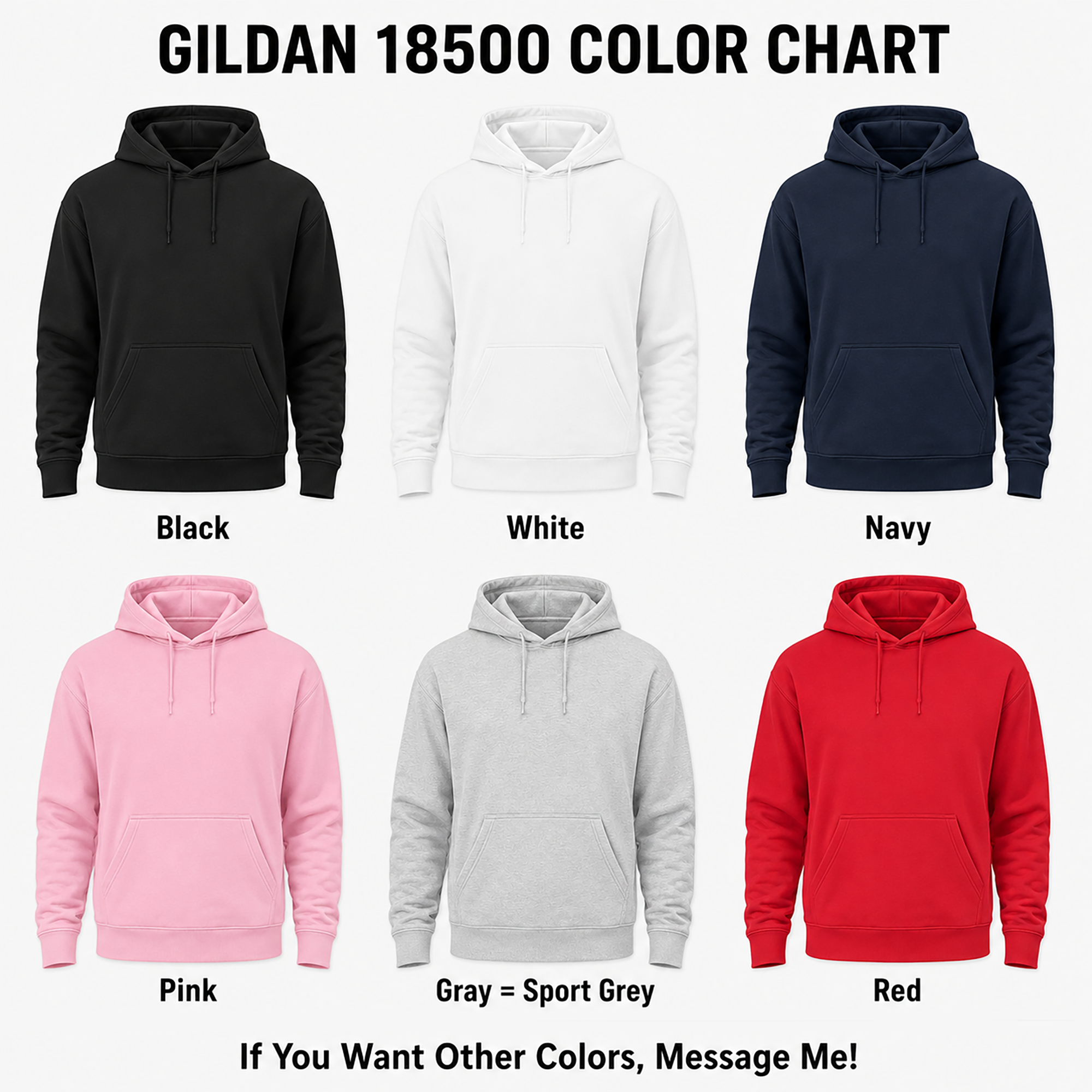 Unisex hoodie color chart, Gildan 18500 available colors