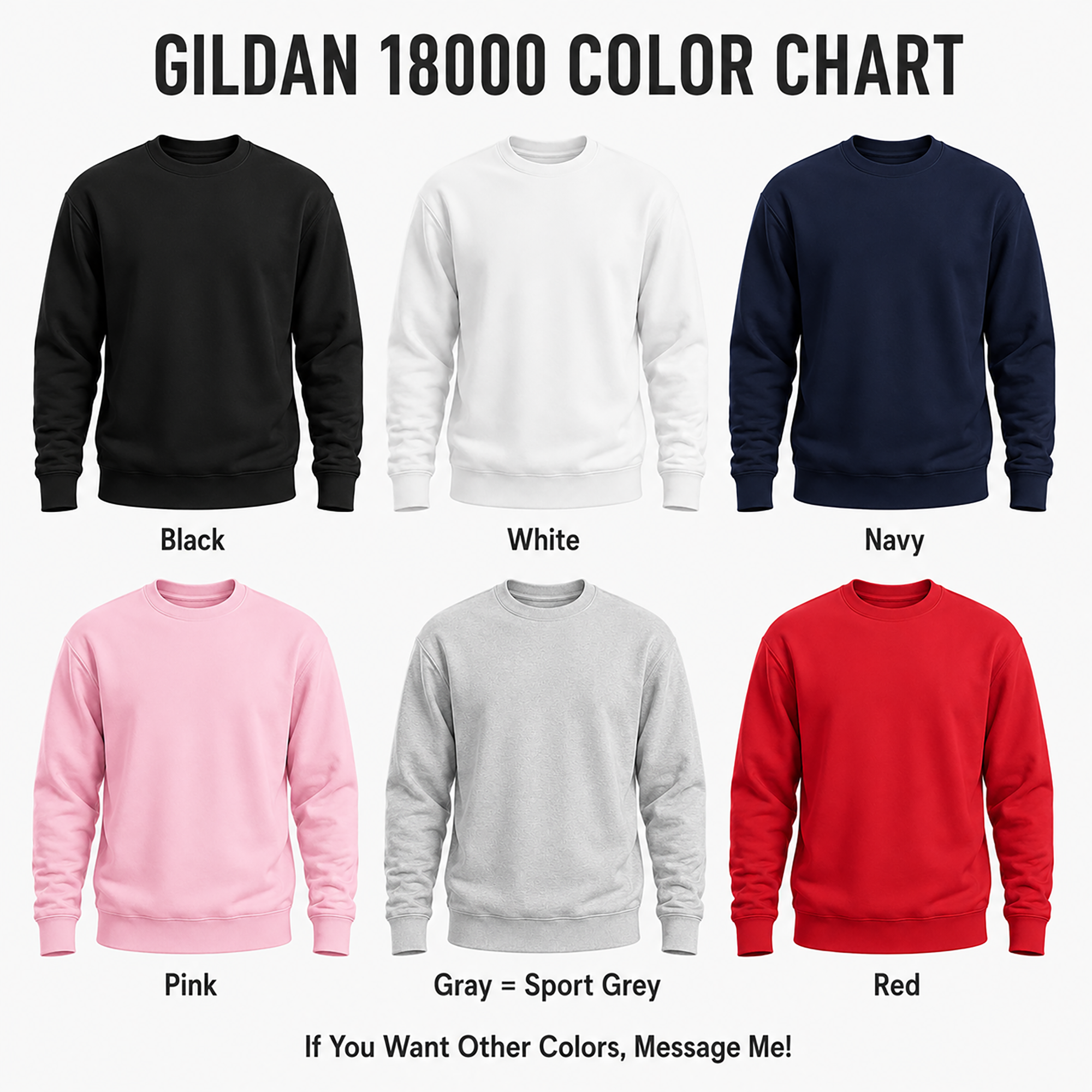 Unisex sweatshirt color chart, Gildan 18000 available colors