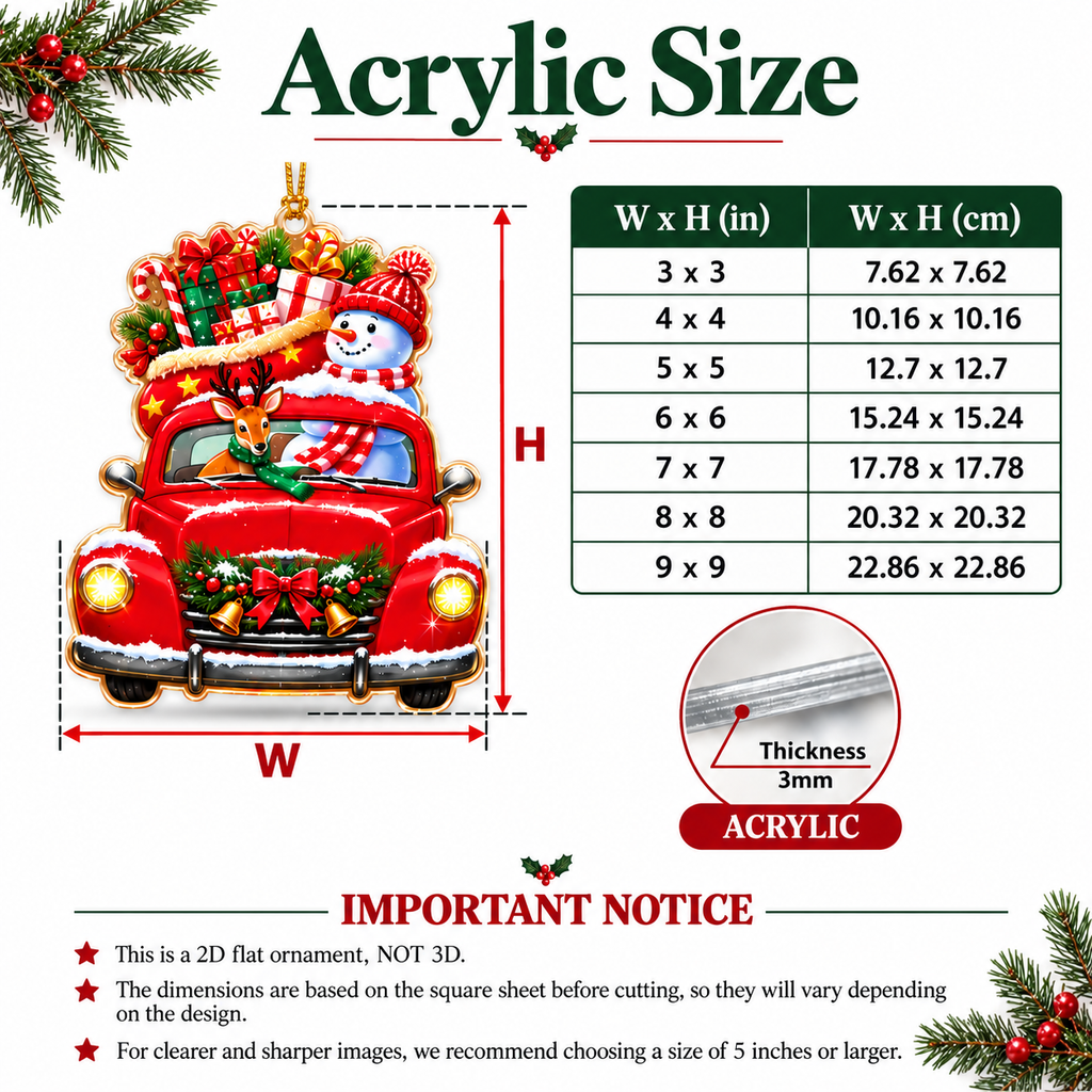 Custom shape acrylic ornament size chart: 3 x 3 to 9 x 9 in on a 3mm acrylic sheet, flat 2D ornament, 5 in or larger recommended