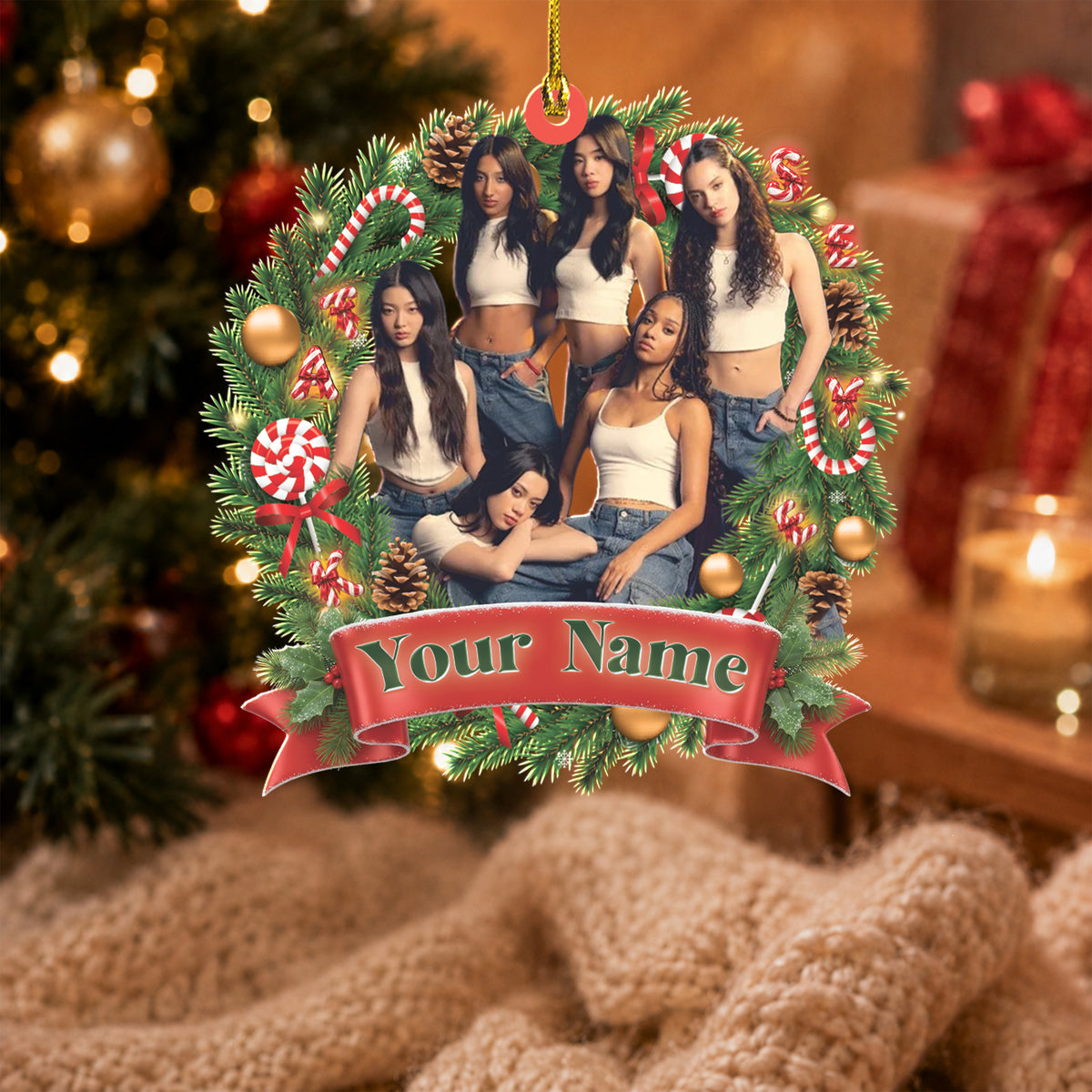 KATSEYE Holiday Wreath Custom Name Acrylic Ornament - custom shape acrylic ornament hanging on a Christmas tree, fan-made kpop personalized Christmas ornament
