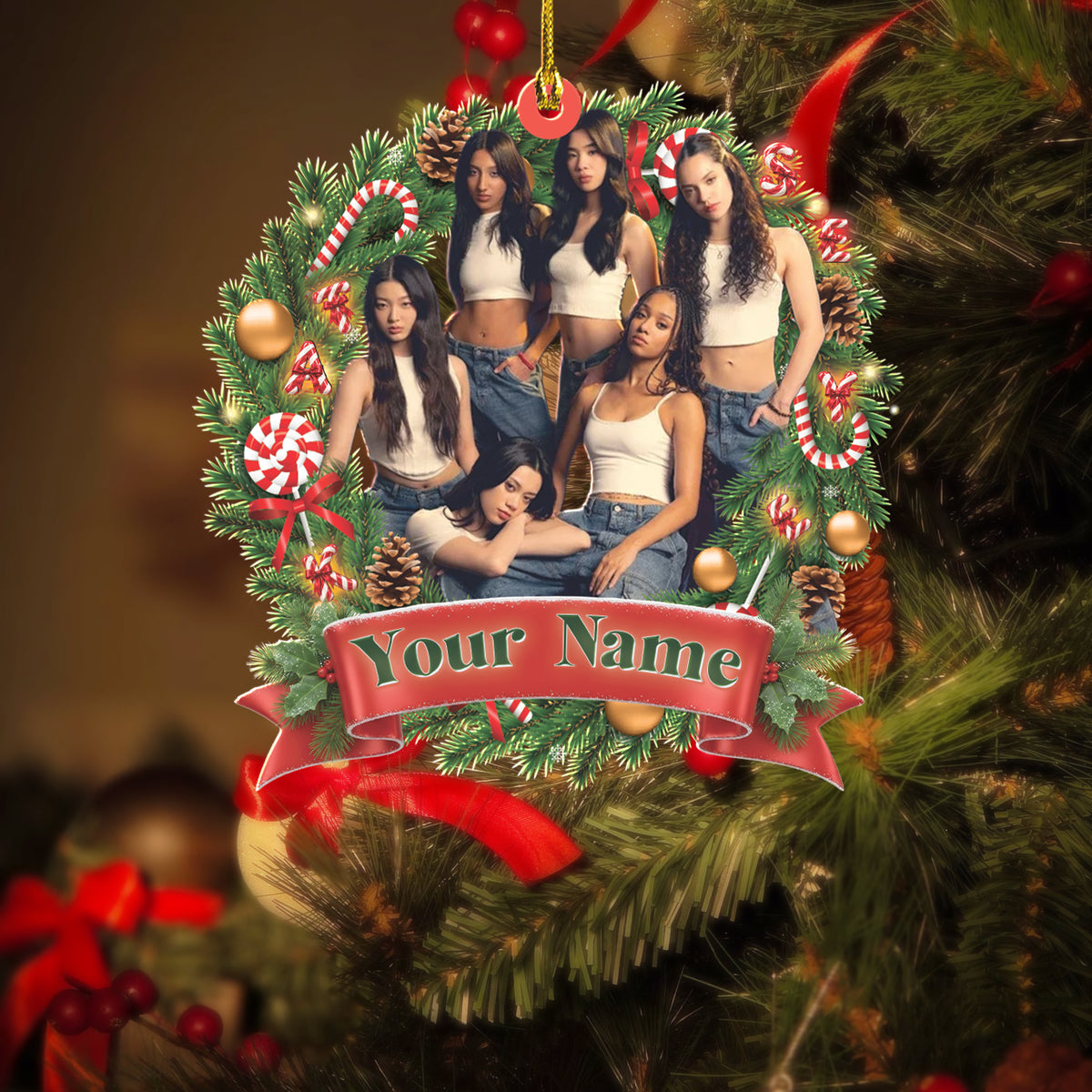 KATSEYE Holiday Wreath Custom Name Acrylic Ornament - cut-to-shape acrylic ornament by a cozy fireplace, fan-made kpop personalized Christmas gift