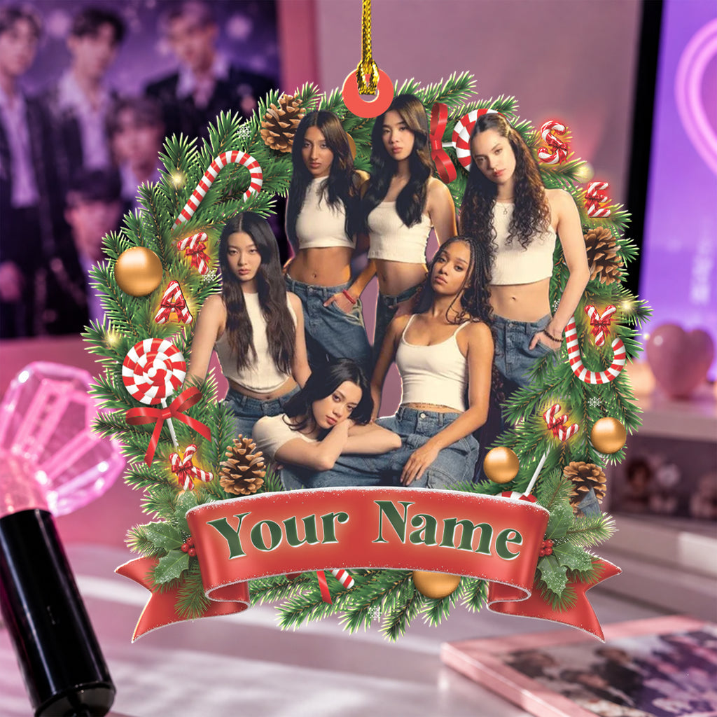 KATSEYE Holiday Wreath Custom Name Acrylic Ornament - cut-to-shape acrylic ornament at a holiday party, fan-made kpop personalized Christmas gift