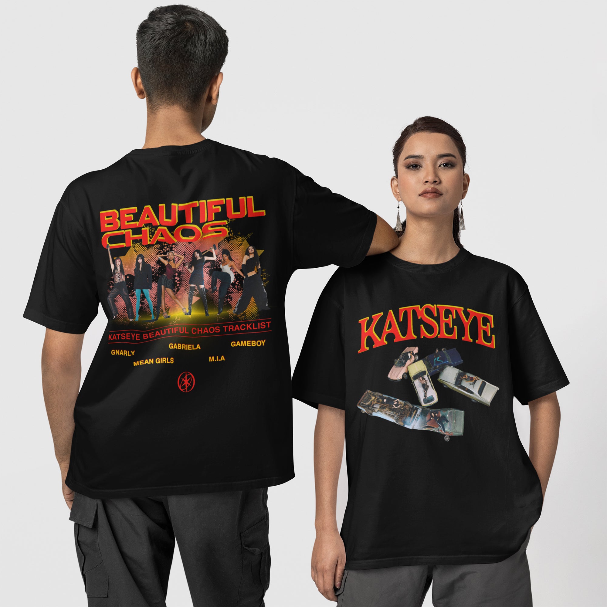 KATSEYE Beautiful Chaos double-sided kpop shirt detail, Eyekon fan gift