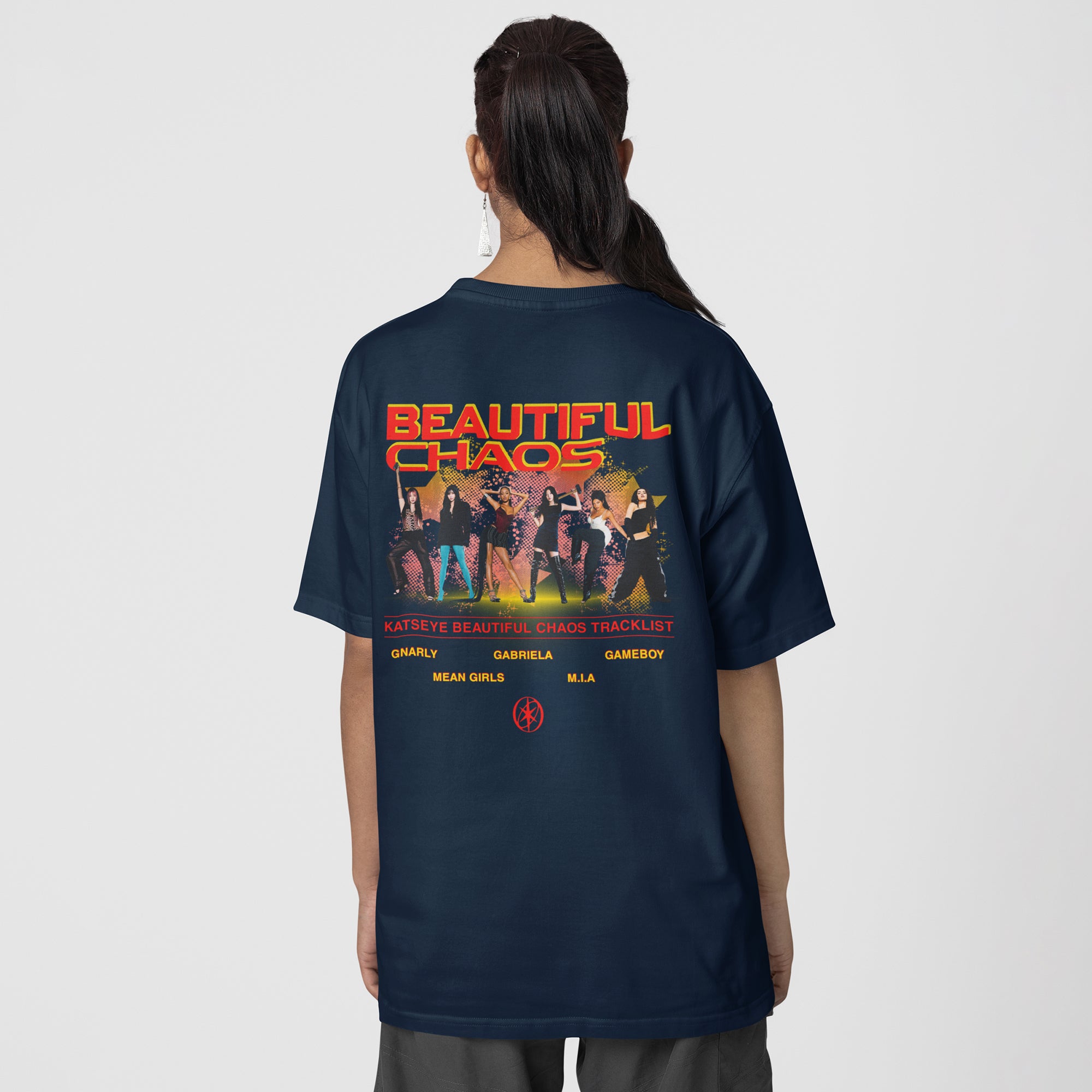 KATSEYE Beautiful Chaos navy t-shirt back tracklist print, kpop girl group merch
