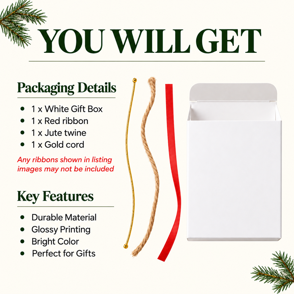 What you get with each ornament: box, red ribbon, jute twine and gold cord