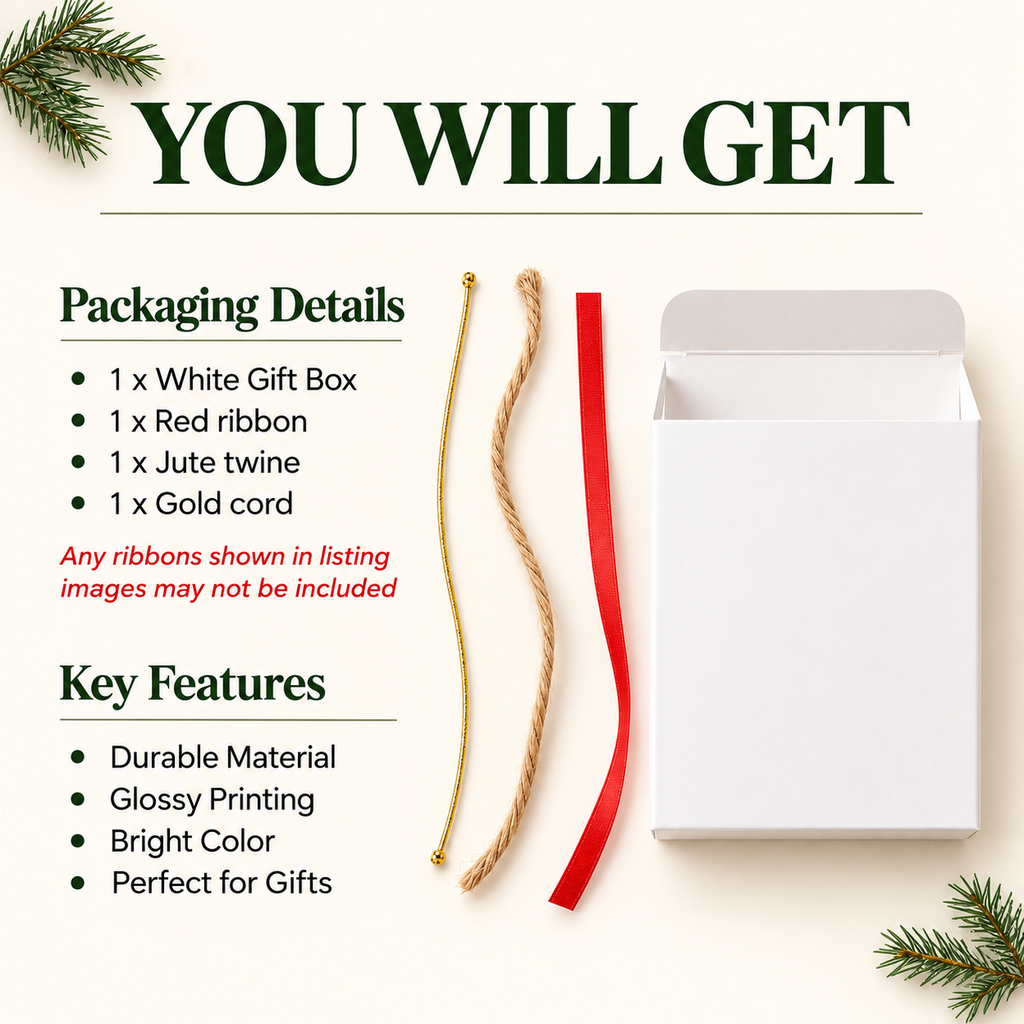 What you get with each ornament: white gift box, red ribbon, jute twine and gold cord