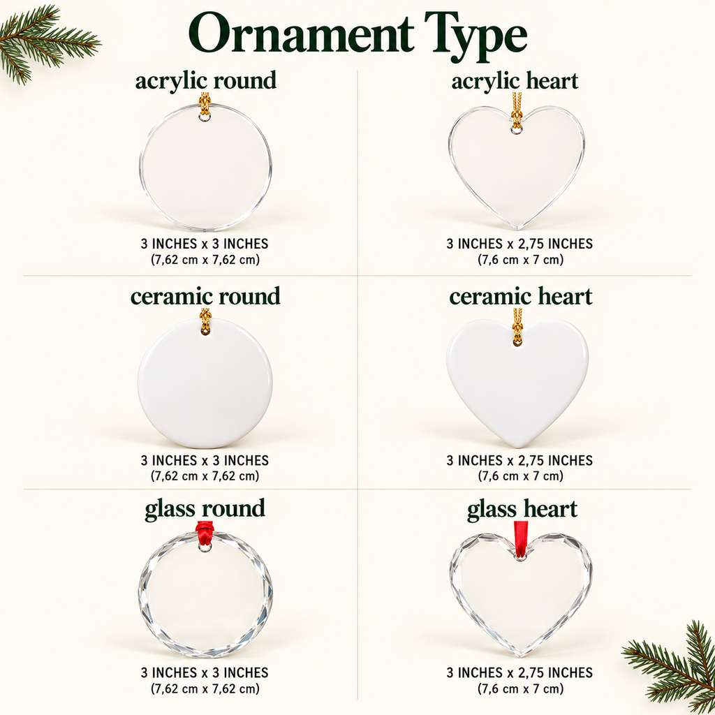 Ornament types: acrylic, ceramic and glass ornaments in round and heart shapes, with sizes
