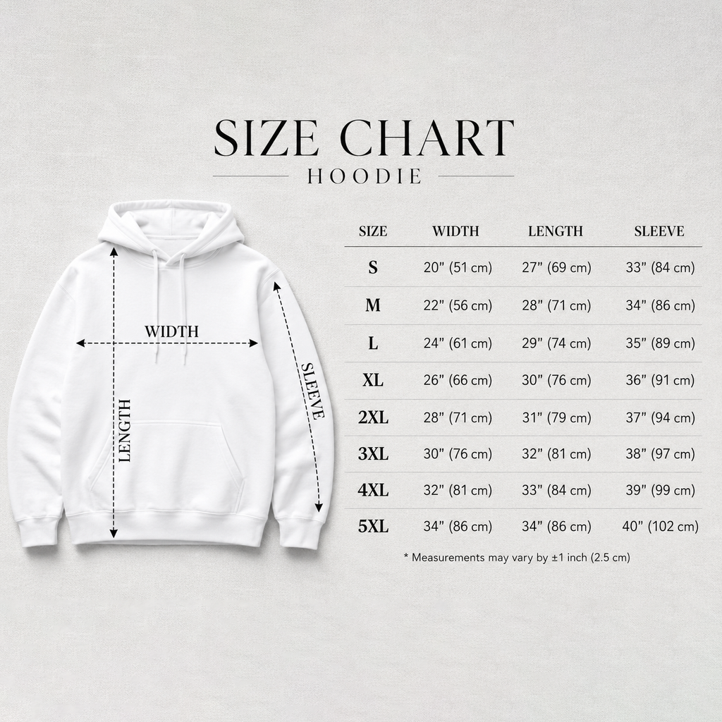 Unisex hoodie size chart, Gildan 18500, S to 5XL width, length and sleeve measurements in inches