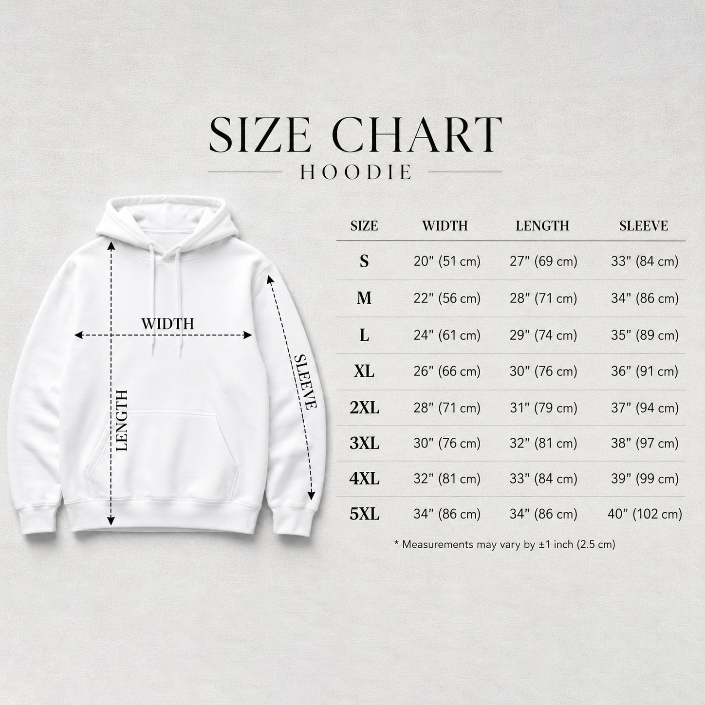 Unisex hoodie size chart, Gildan 18500, S to 5XL width, length and sleeve measurements in inches