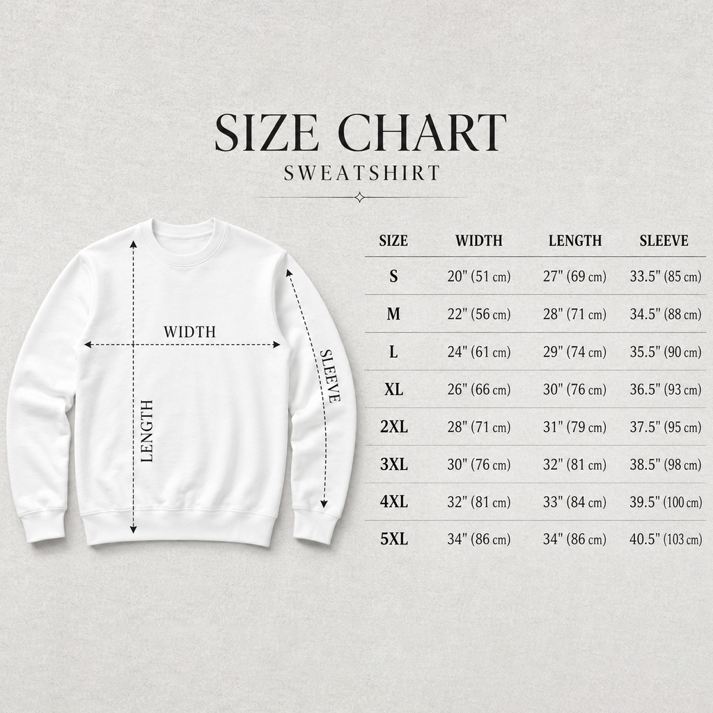 Unisex sweatshirt size chart, Gildan 18000, S to 5XL body length, chest width and sleeve measurements in inches