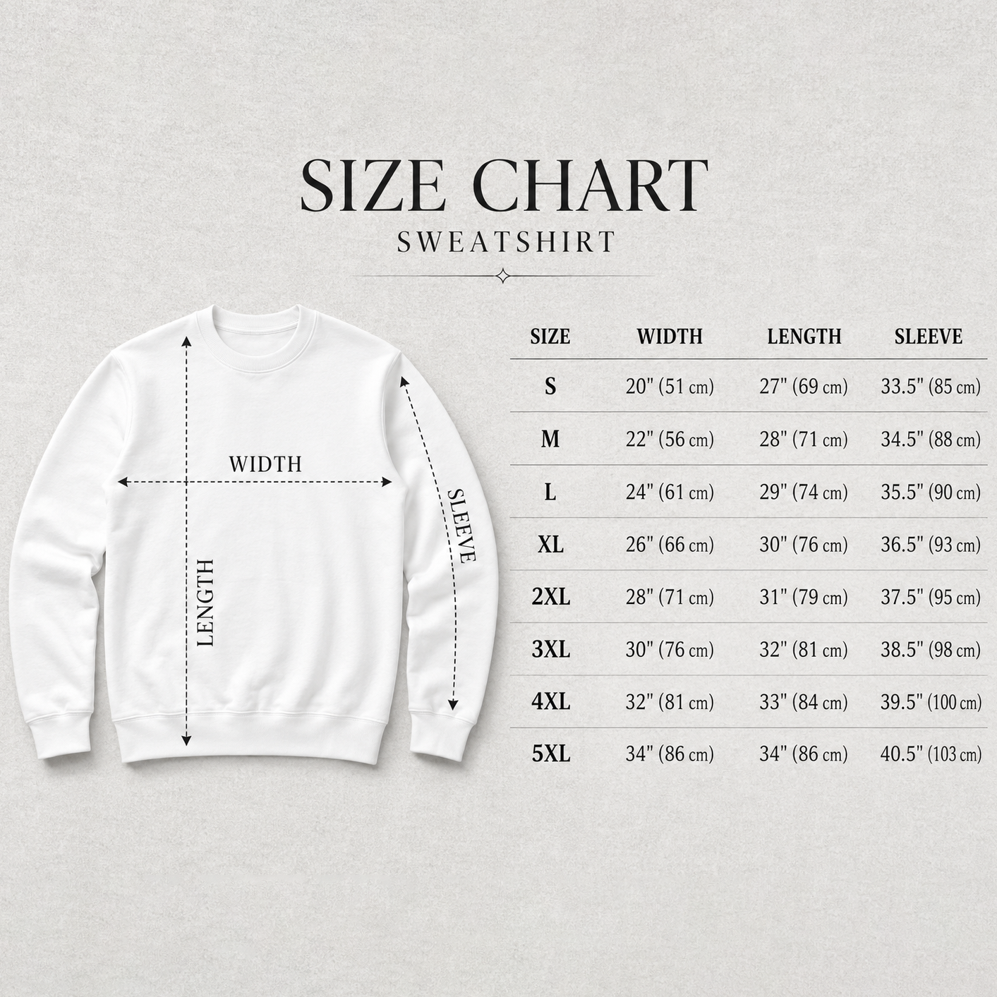 Unisex sweatshirt size chart, Gildan 18000, S to 5XL body length, chest width and sleeve measurements in inches