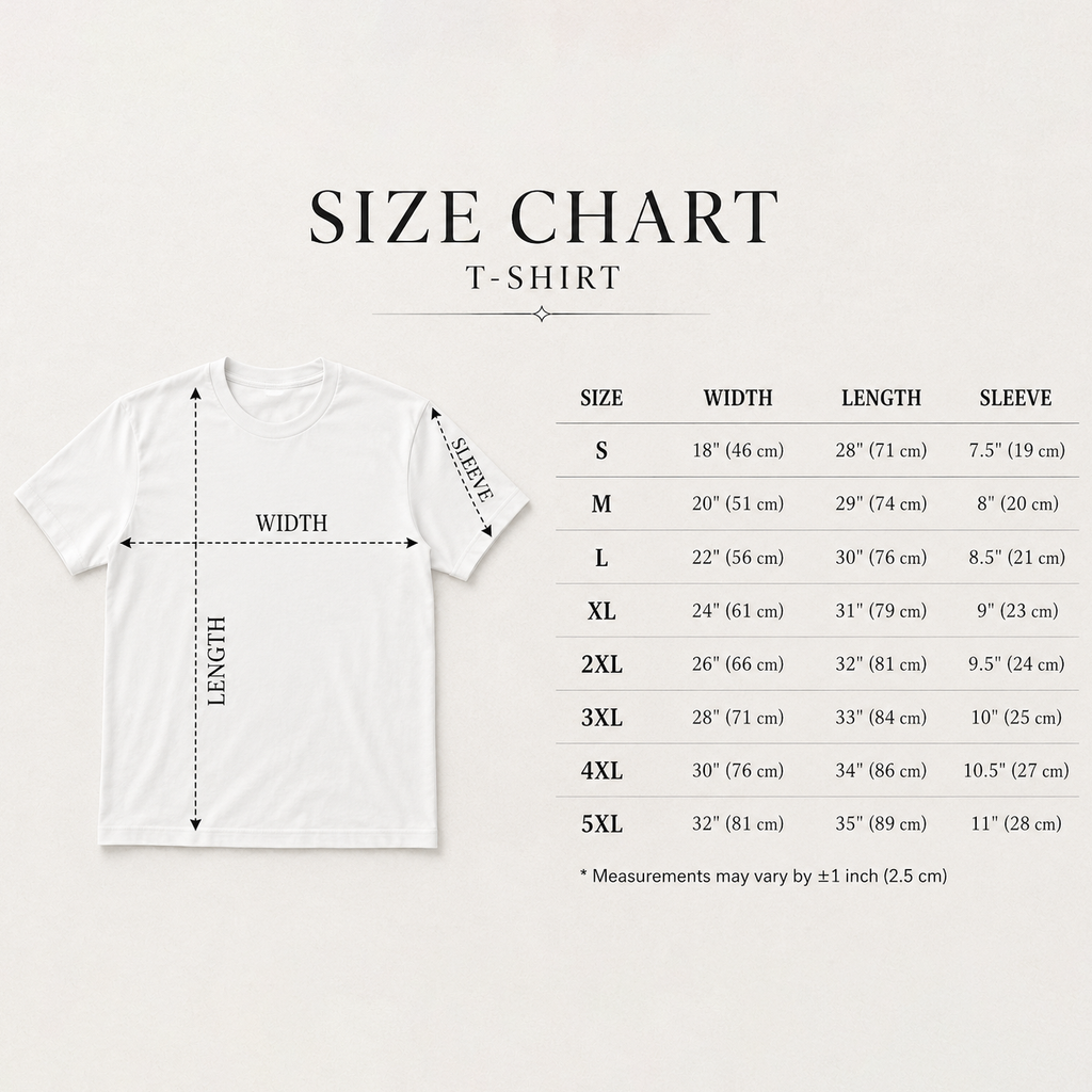 Unisex T-shirt size chart, Gildan 5000, S to 5XL width and length measurements in inches and cm