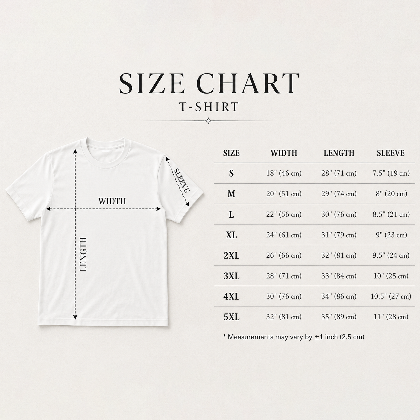 Unisex T-shirt size chart, Gildan 5000, S to 5XL width and length measurements in inches and cm