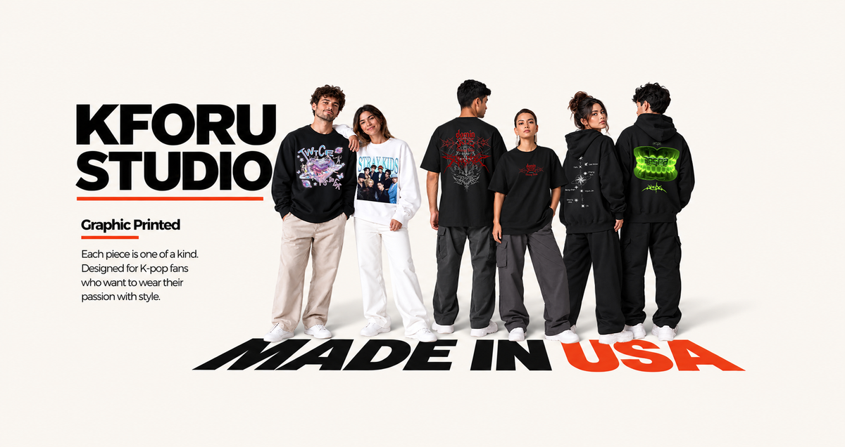 Fans wearing fan-made KPOP graphic tees, hoodies and sweatshirts from KFORU Studio, printed to order in the USA